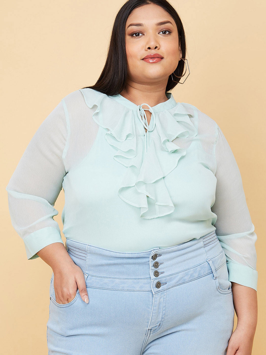 

max Plus Size Green Tie-Up Neck Top