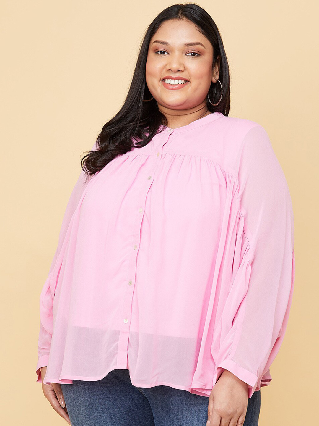 

max Plus Size Women Pink Mandarin Collar Shirt Style Top