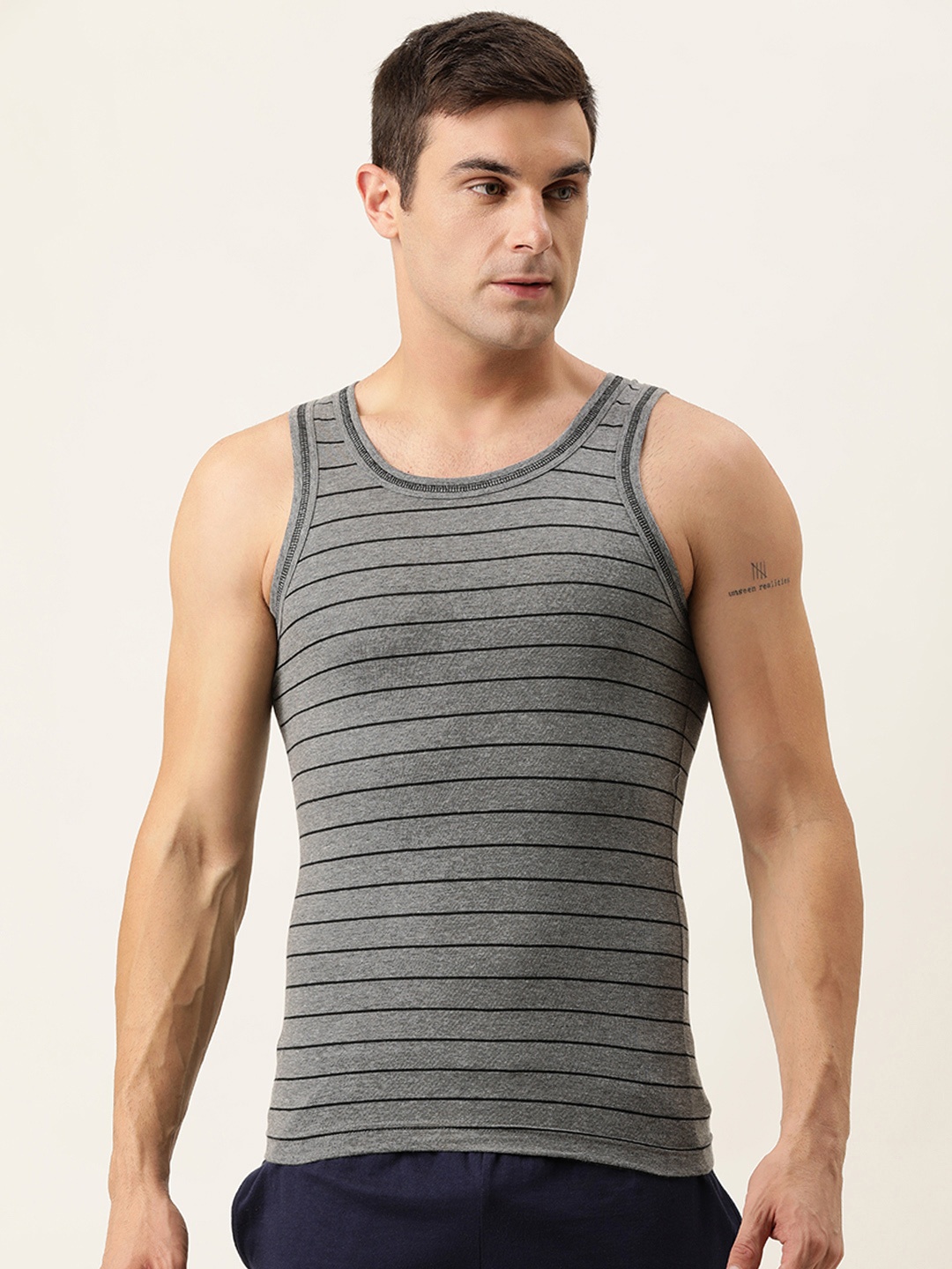 

Chromozome Men Grey & Black Striped Cotton Innerwear Vest
