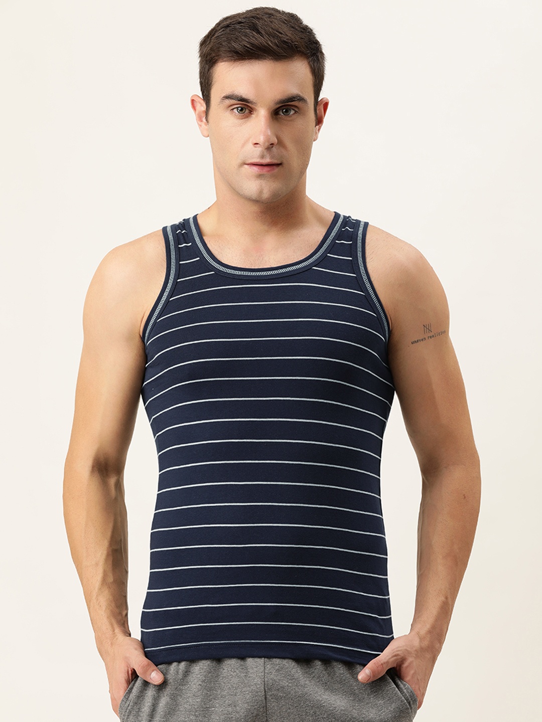 

Chromozome Men Navy Blue & White Striped Innerwear Vest