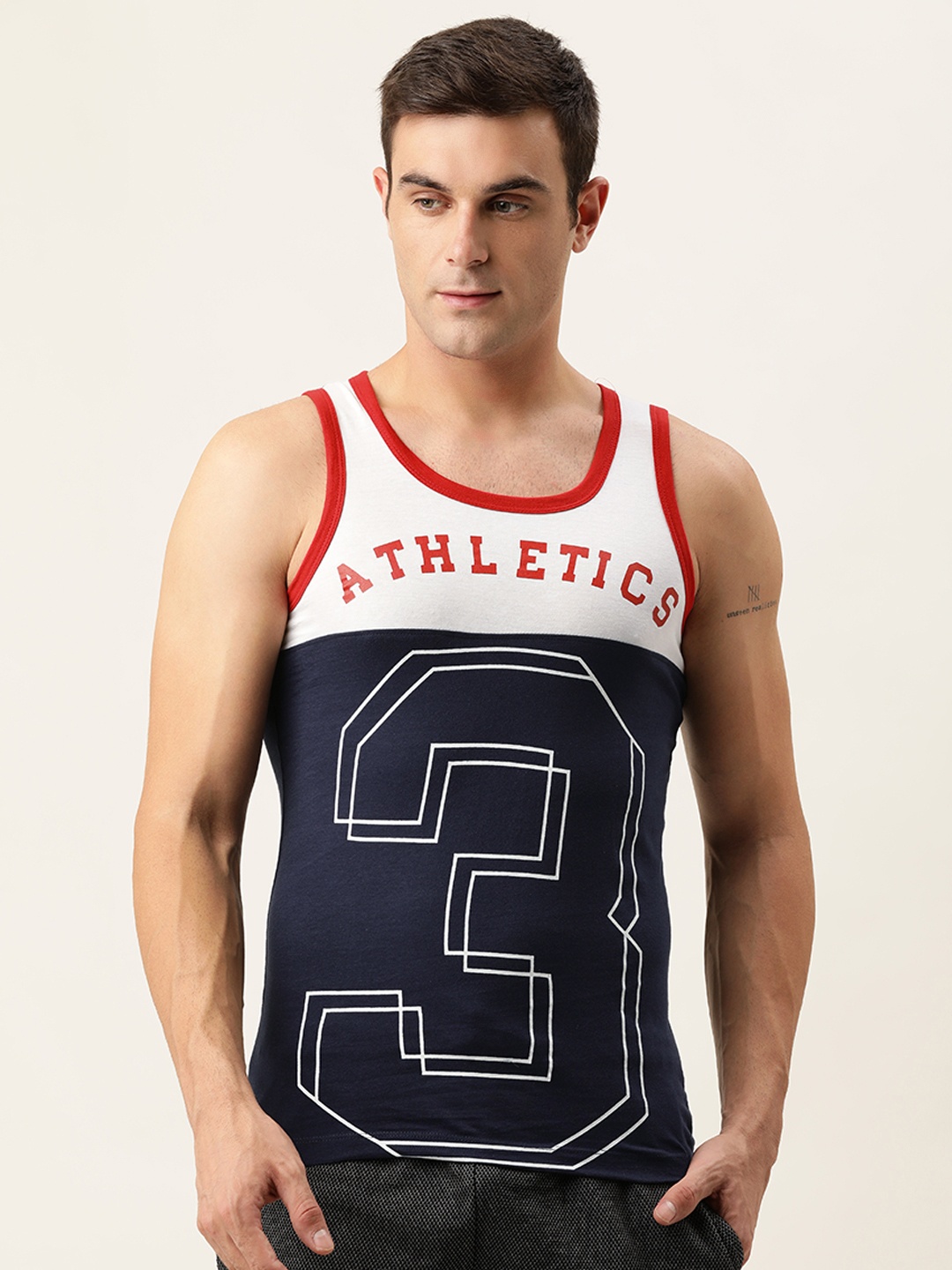 

Chromozome Men Navy Blue & White Printed Cotton Innerwear Vest