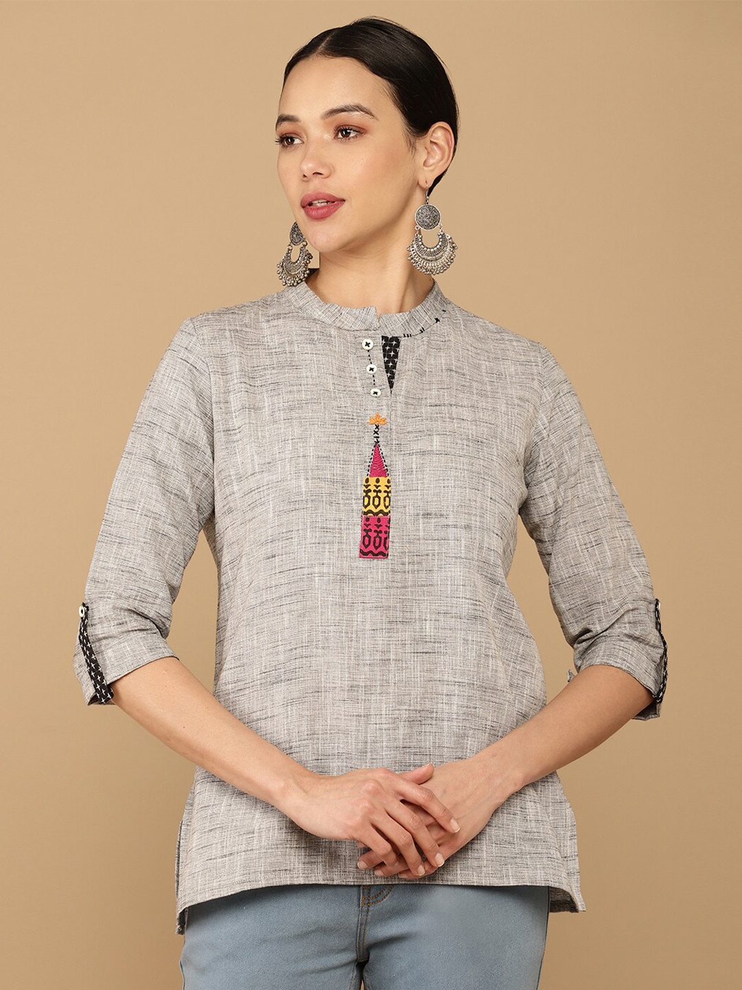 

Soch Women Grey Mandarin Collar Cotton Tunic