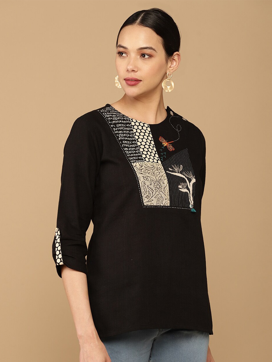 

Soch Black & Beige Printed Straight Fit Cotton Tunic