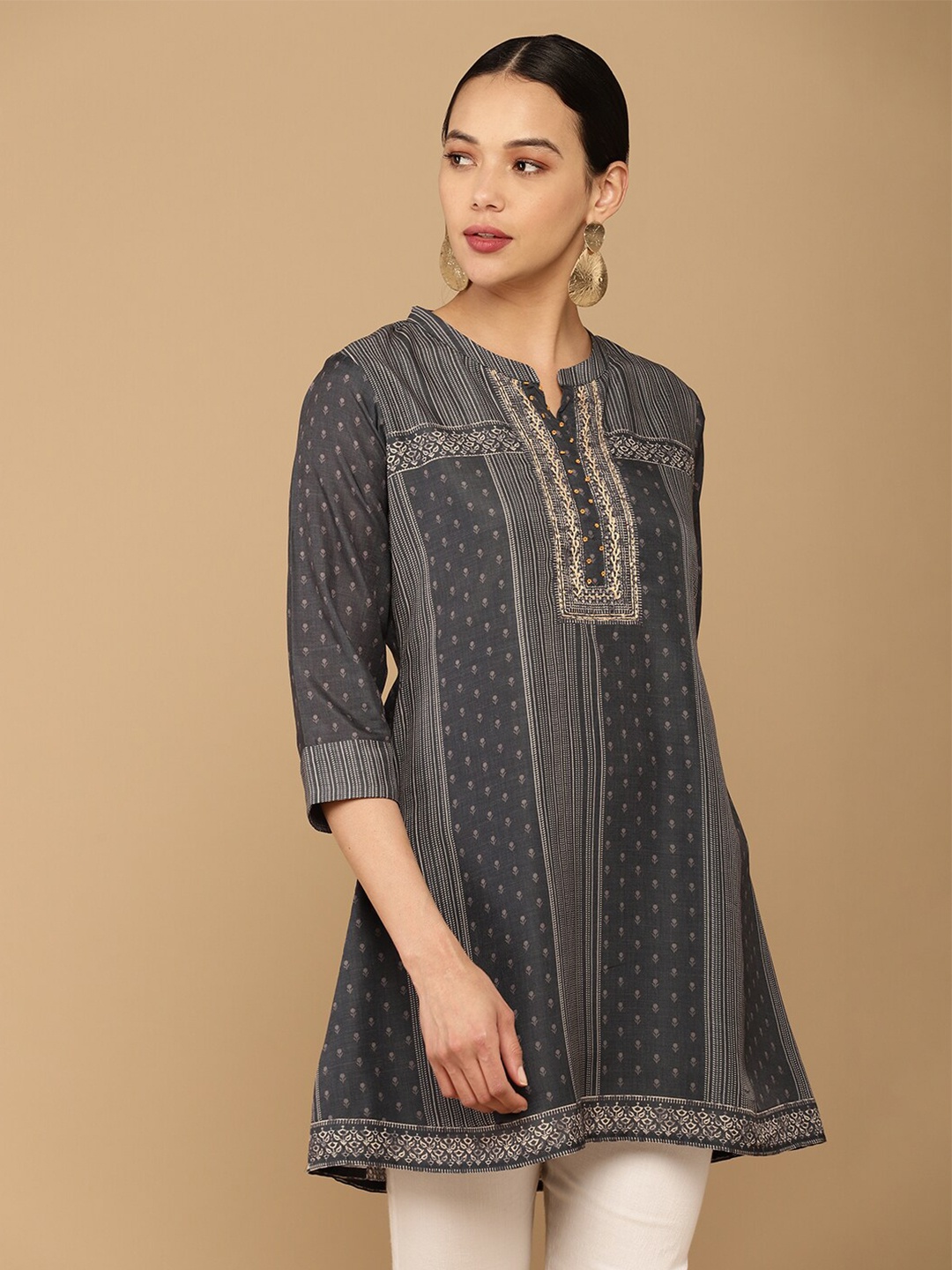 

Soch Grey & Beige Mandarin Collar Printed Muslin Tunic