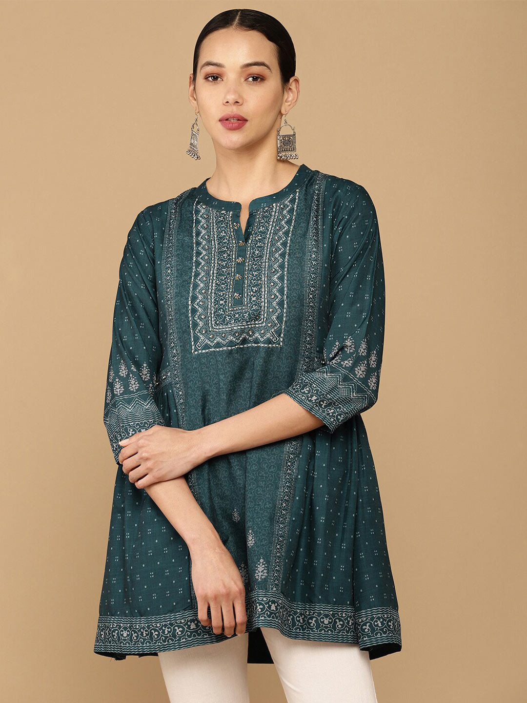 

Soch Green Mandarin Collar Digital Printed Muslin Tunic