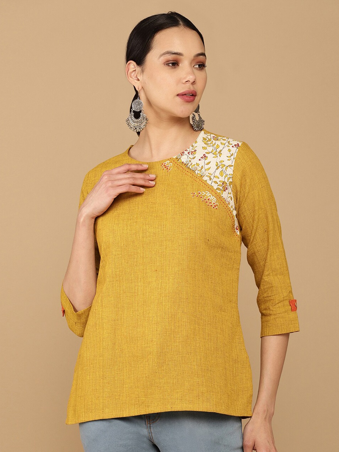

Soch Mustard Yellow & Off-White Solid Cotton Tunic With Patch Work