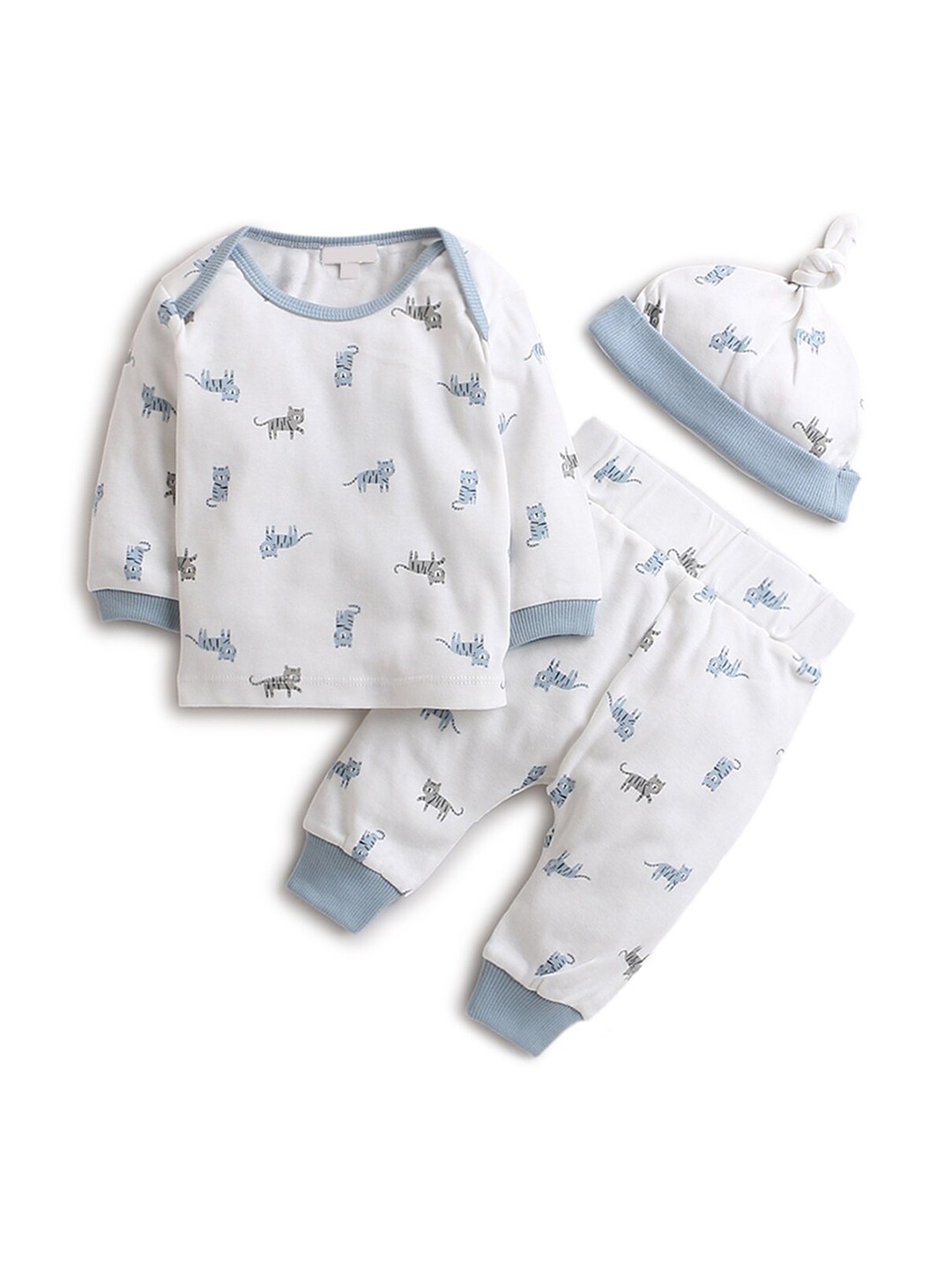 

Hopscotch Boys White & Blue Printed Pure Cotton T-shirt with Trousers With Cap