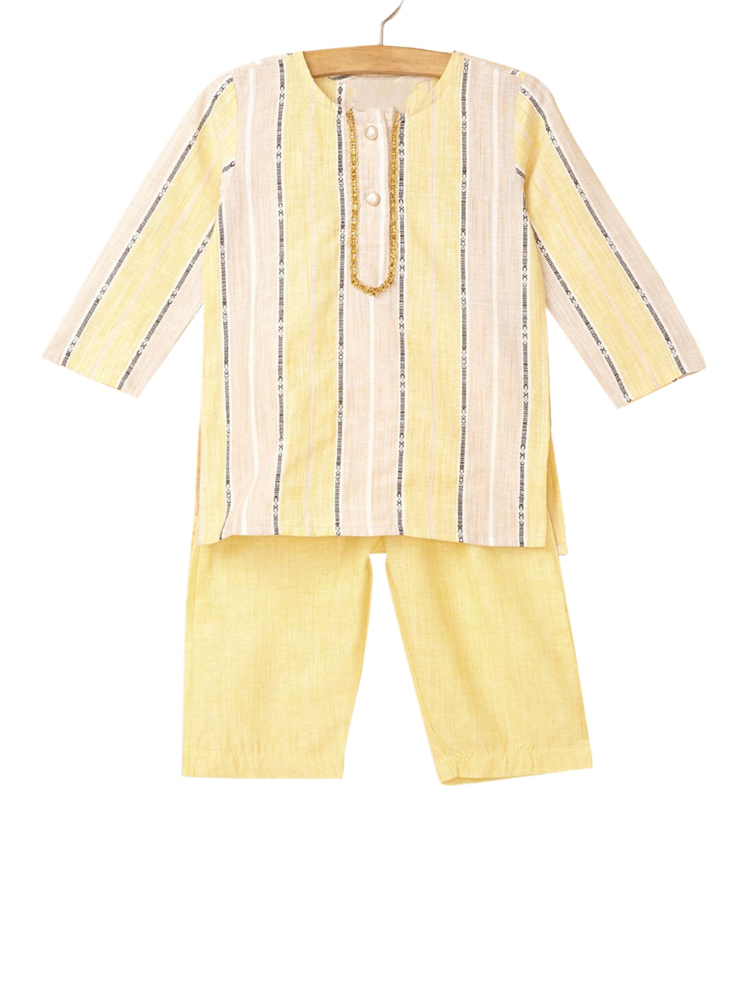 

Hopscotch Boys Yellow & White Striped Pure Cotton Kurta with Churidar & With Dupatta