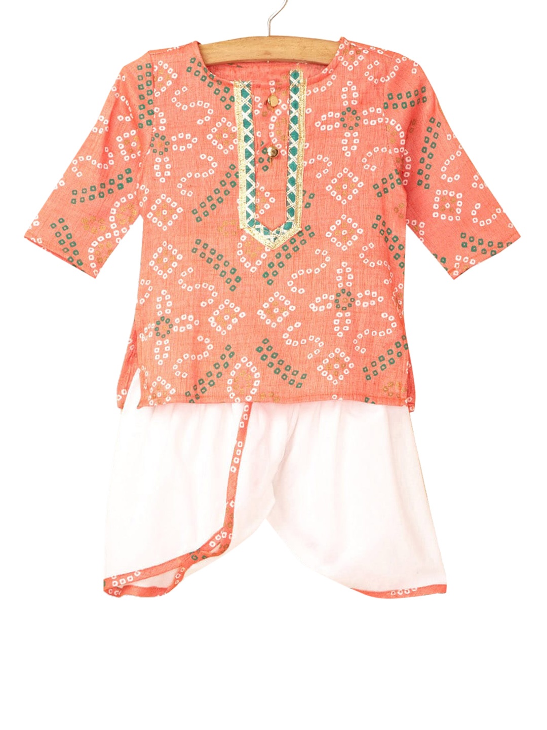 

Hopscotch Boys Orange & White Bandhani Printed Pure Cotton Kurta with Dhoti Pants