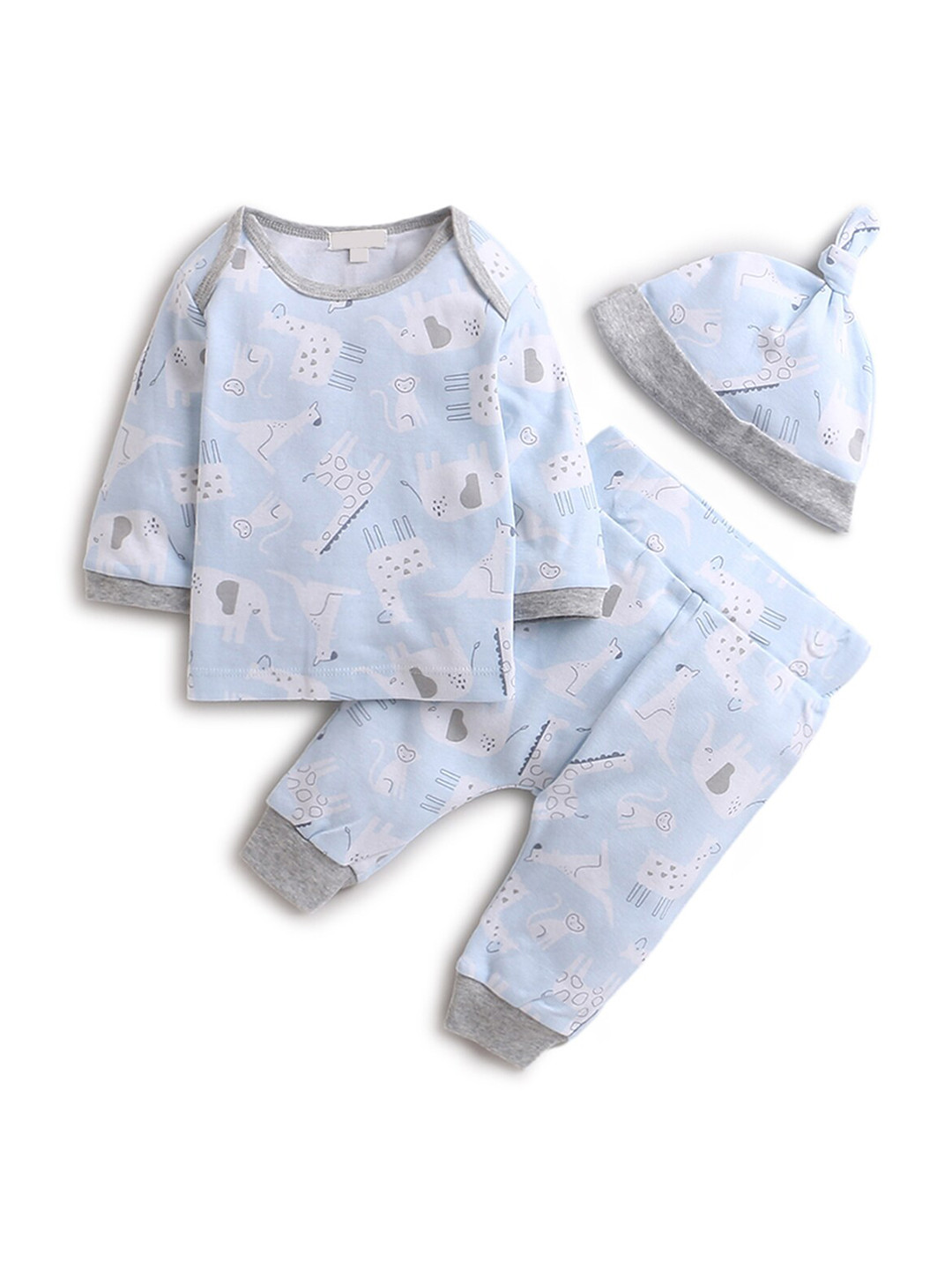 

Hopscotch Boys Blue & Grey Printed Pure Cotton T-shirt with Trousers & Beanie