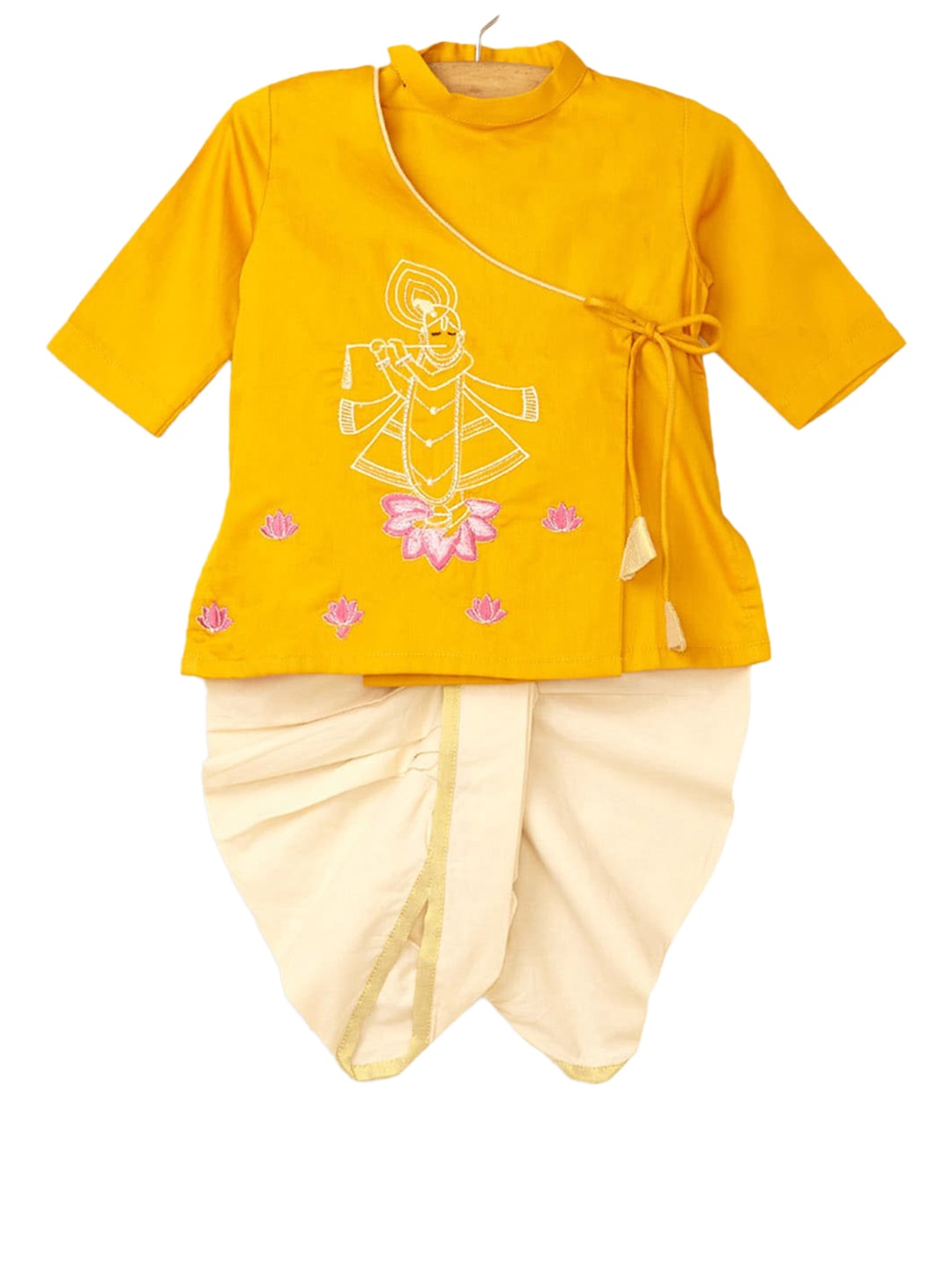 

Hopscotch Boys Yellow Embroidered Angrakha Pure Cotton Kurti With Dhoti Pants
