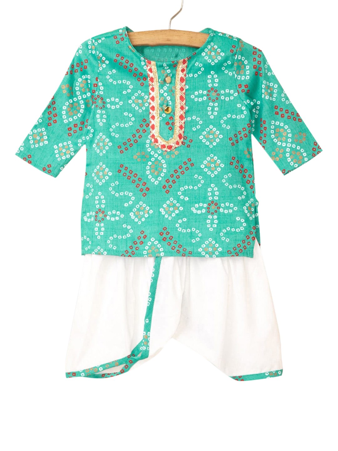 

Hopscotch Boys Green & White Bandhani Printed Cotton Kurta with Dhoti Pants & With Dupatta