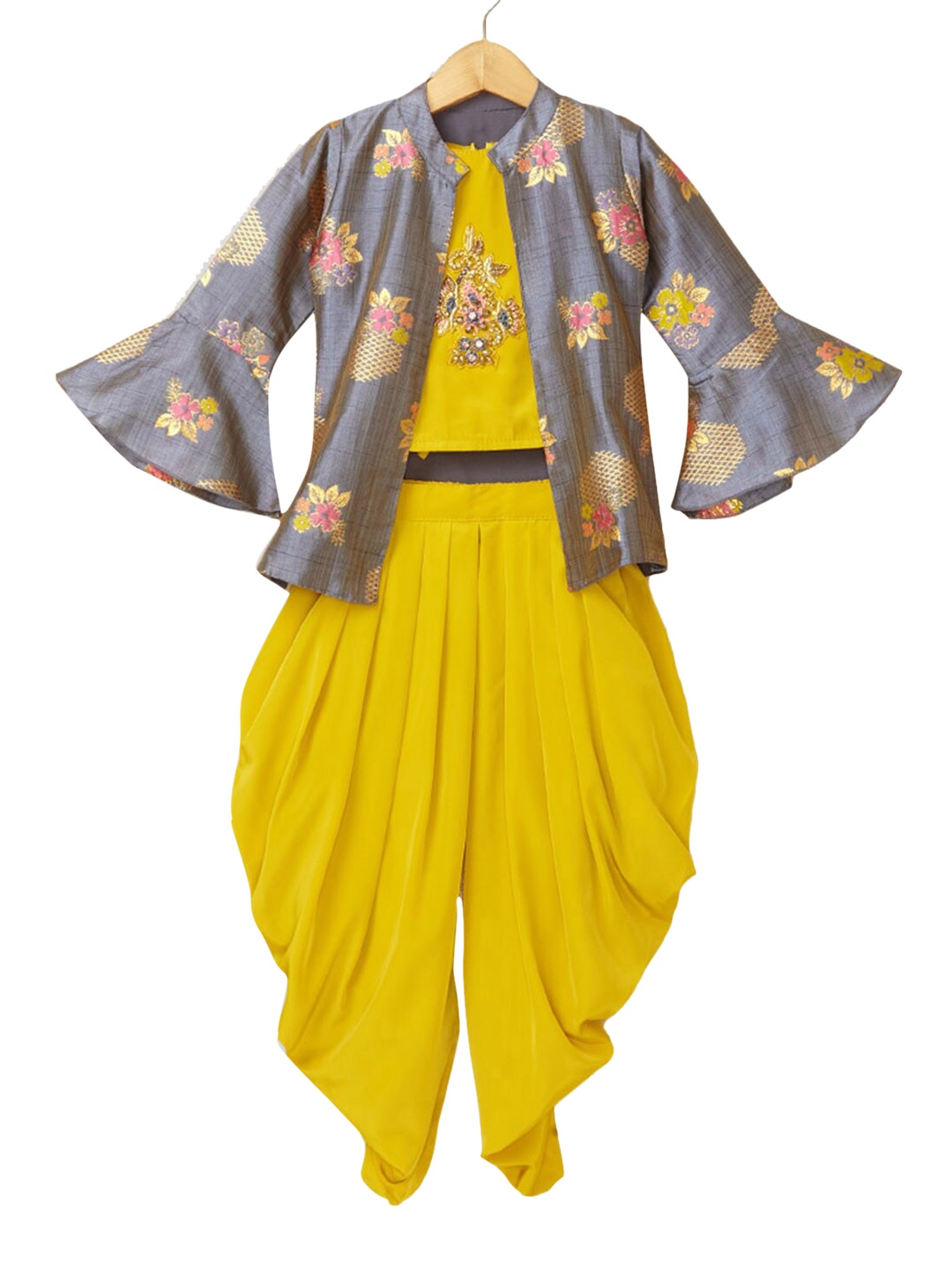 

Hopscotch Girls Yellow Embroidered Kurti With Dhoti Pants