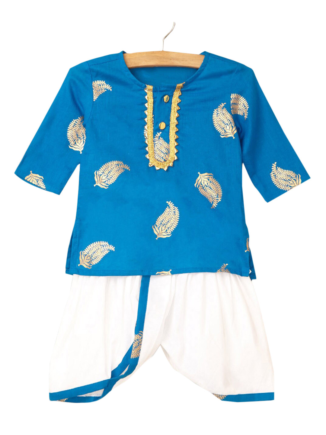 

Hopscotch Boys Blue Ethnic Motifs Angrakha Pure Cotton Kurta with Pyjamas & With Dupatta