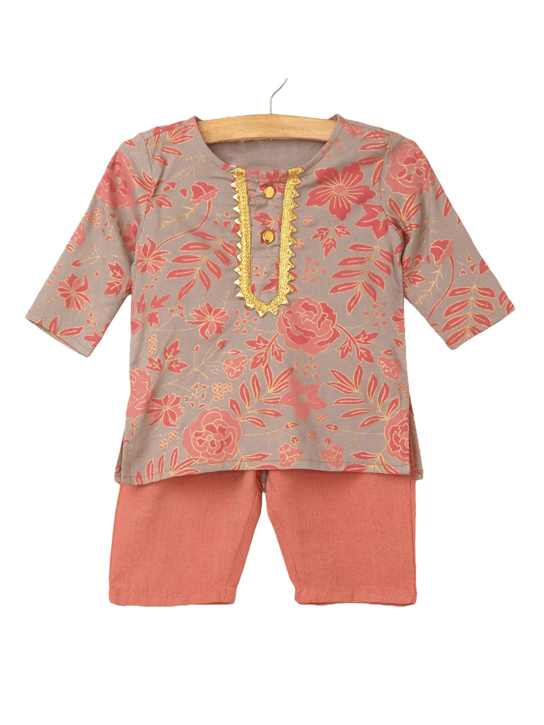 

Hopscotch Boys Grey Ethnic Motifs Printed Angrakha Pure Cotton Kurti with Pyjamas