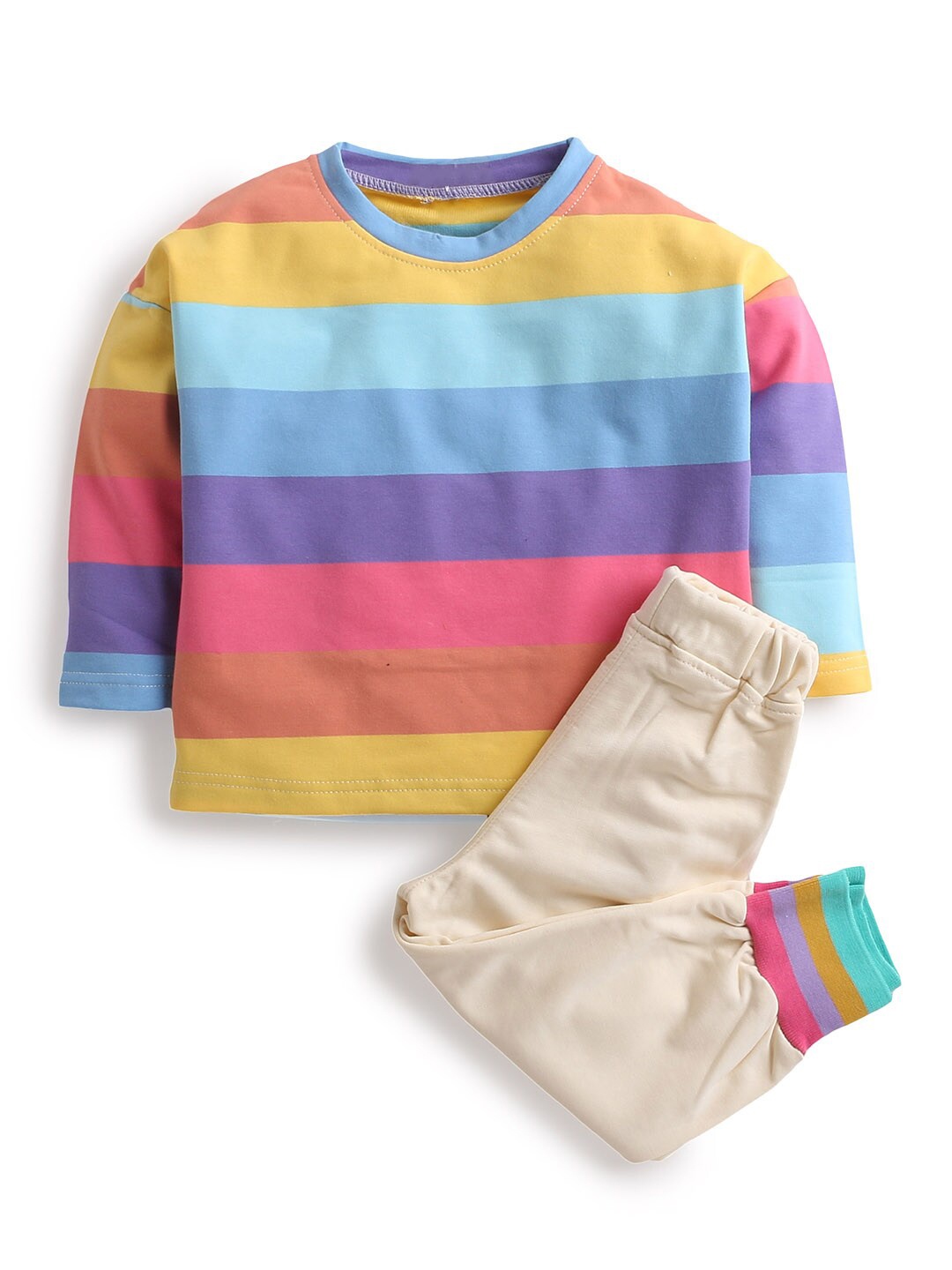 

Hopscotch Boys Multicoloured Striped Cotton Blend T-shirt with Trousers Clothing Set, Multi