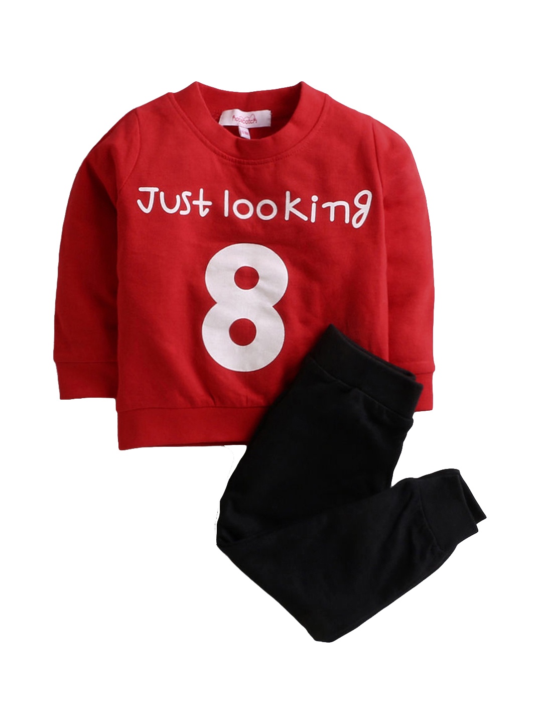 

Hopscotch Boys Red & Black Printed Cotton Blend T-shirt with Trousers Clothing Set