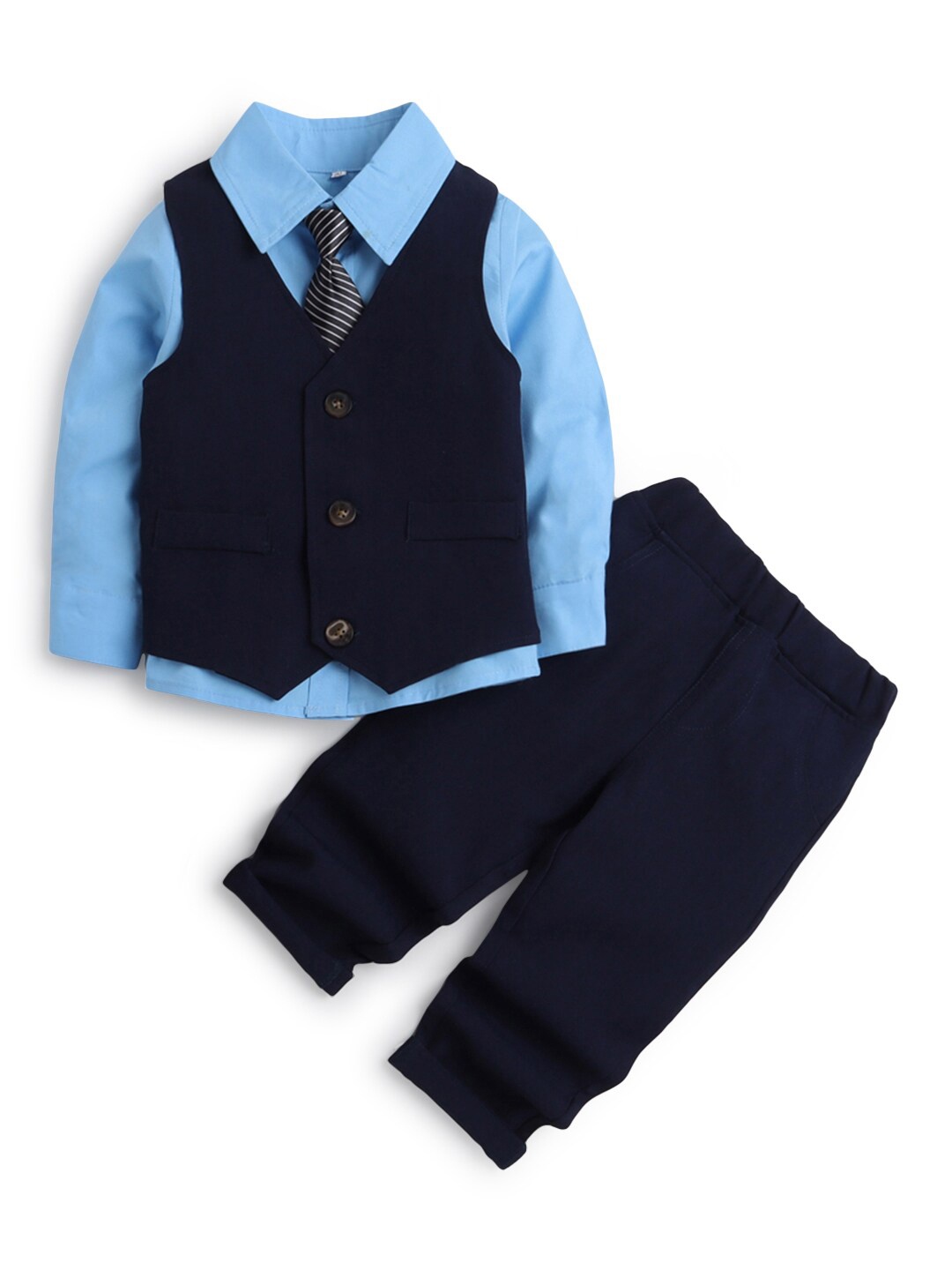 

Hopscotch Boys Navy Blue & Blue Pure Cotton Shirt with Trousers & Waistcoat