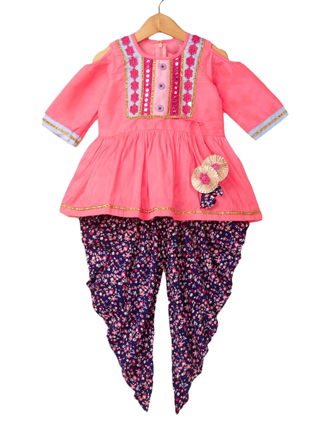 

Hopscotch Girls Pink Floral Embroidered Pleated Kurti With Dhoti Pants