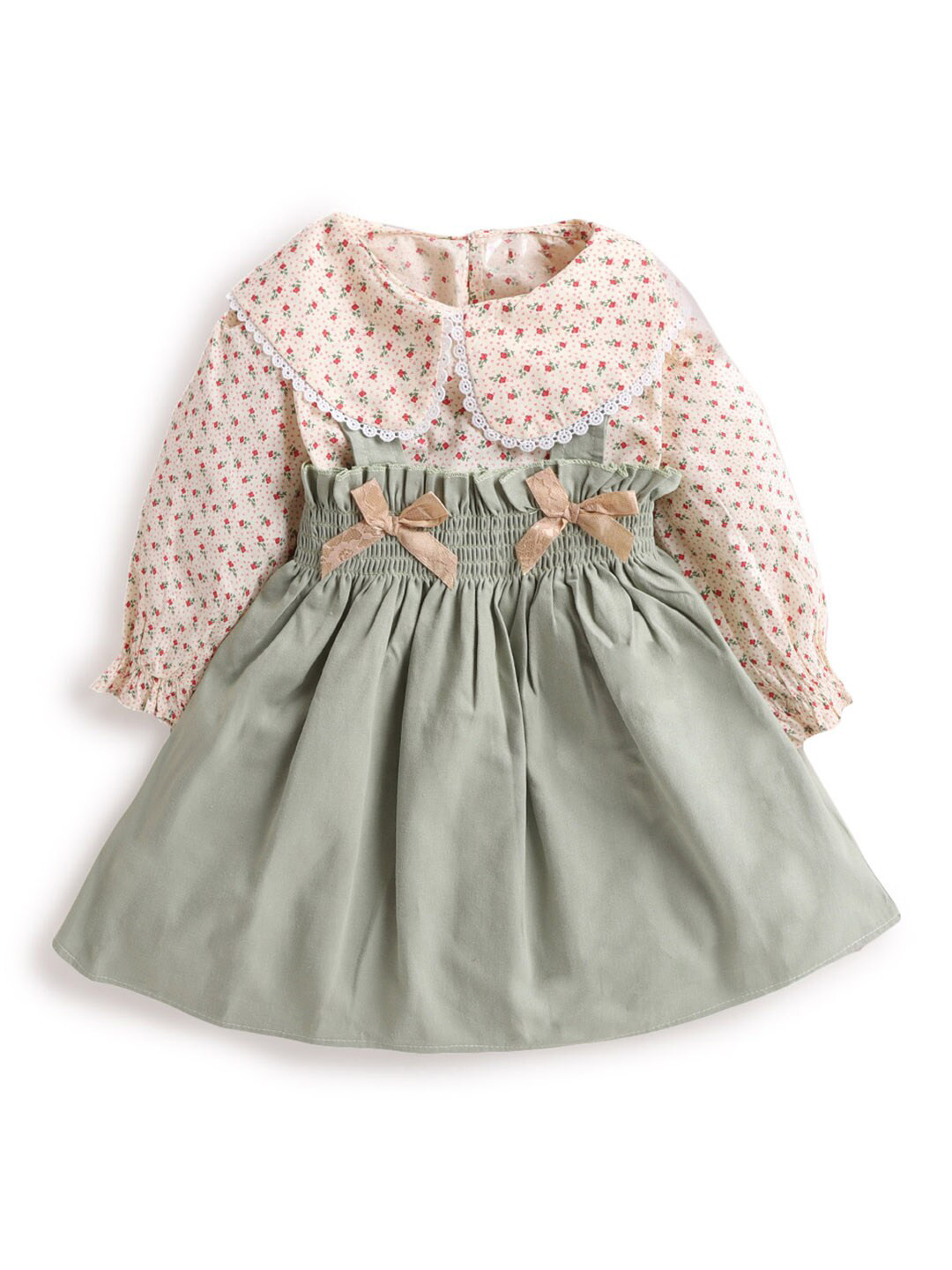 

Hopscotch Girls Green & Beige Floral Printed Cotton Blend Top with Skirt Clothing Set