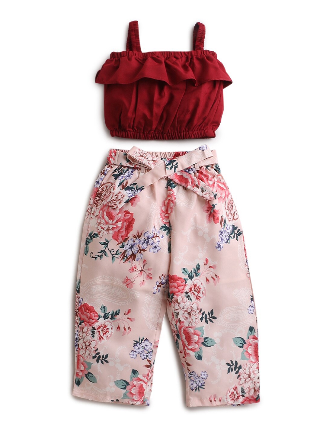 

Hopscotch Girls Maroon & Pink Blouson Crop Top with Trousers