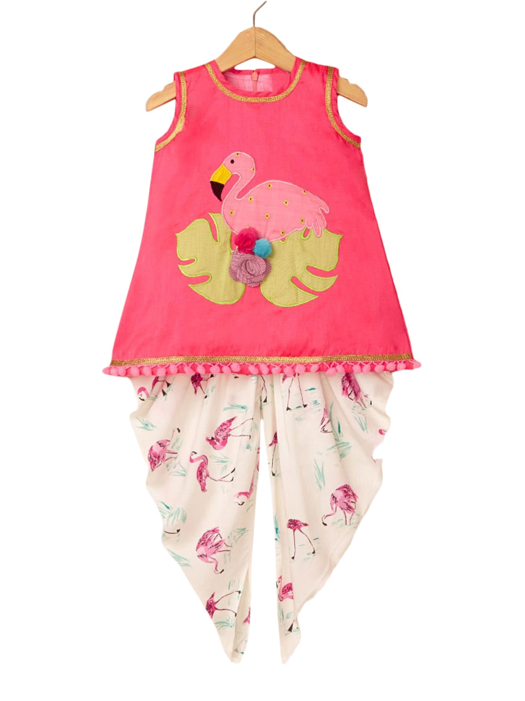 

Hopscotch Girls Pink & White Printed Kurta with Dhoti Pants & With Dupatta