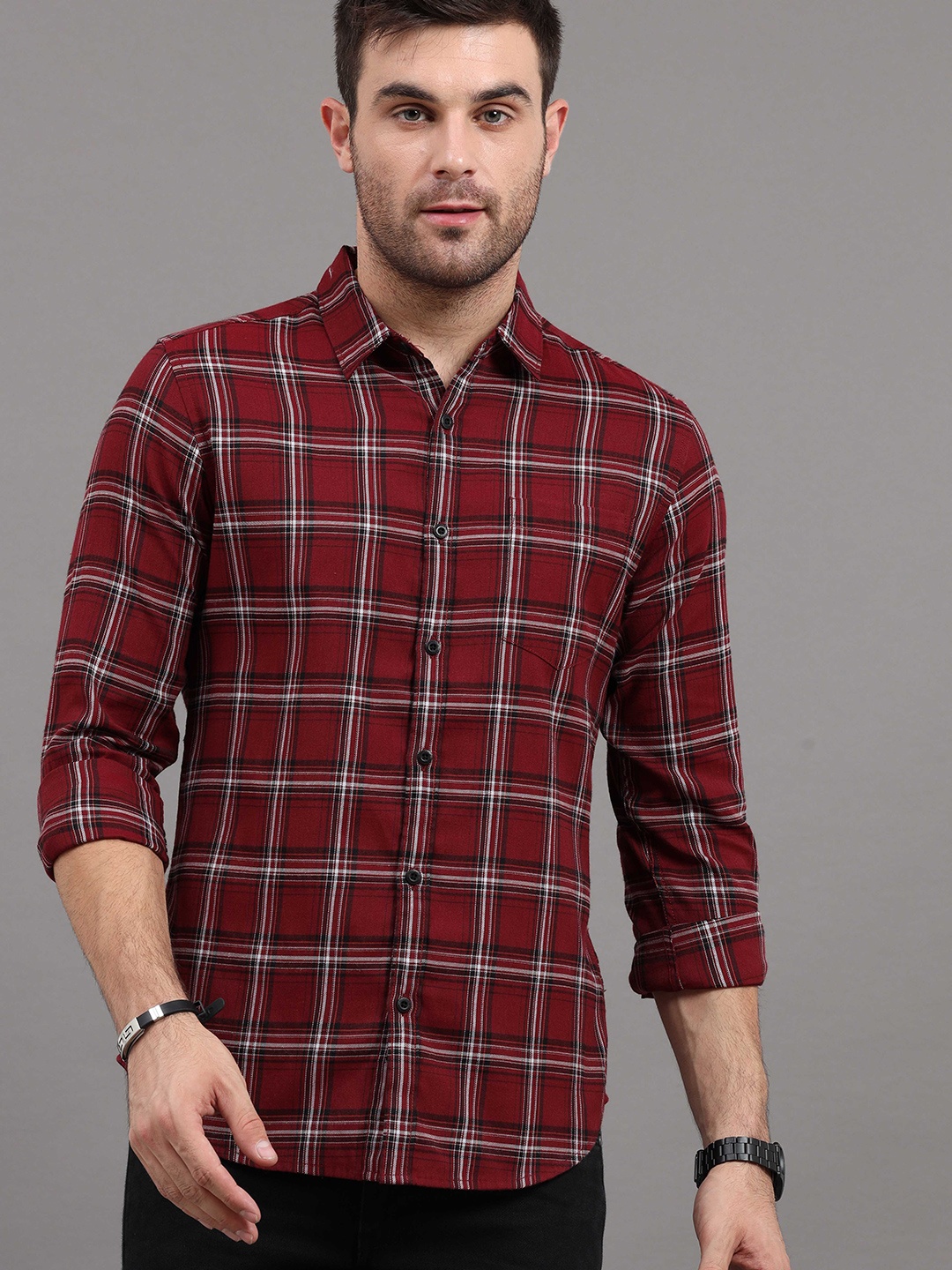 

HERE&NOW Men Red Slim Fit Tartan Checks Checked Casual Shirt