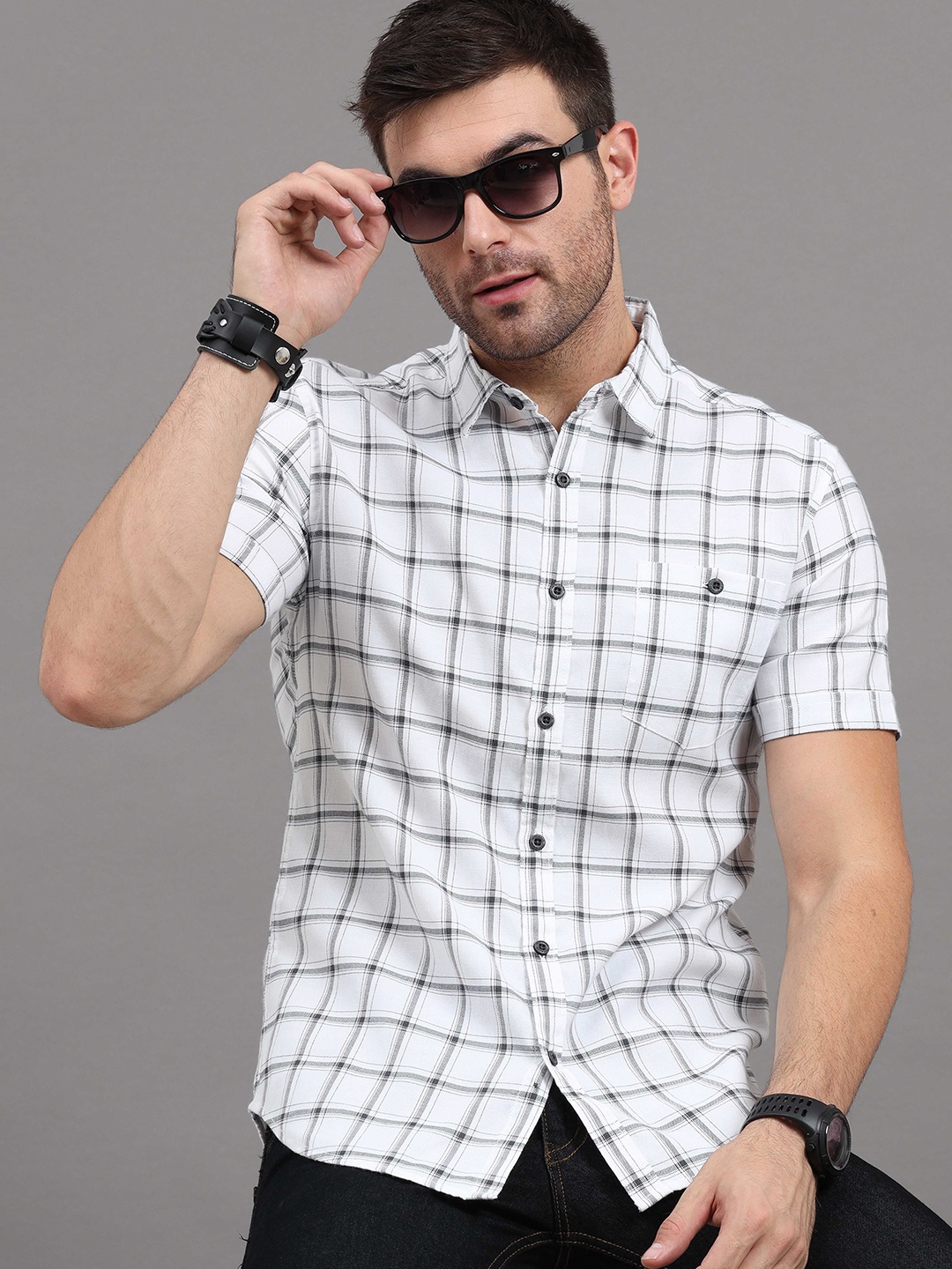 

HERE&NOW Men White & Grey Slim Fit Windowpane Checked Casual Shirt