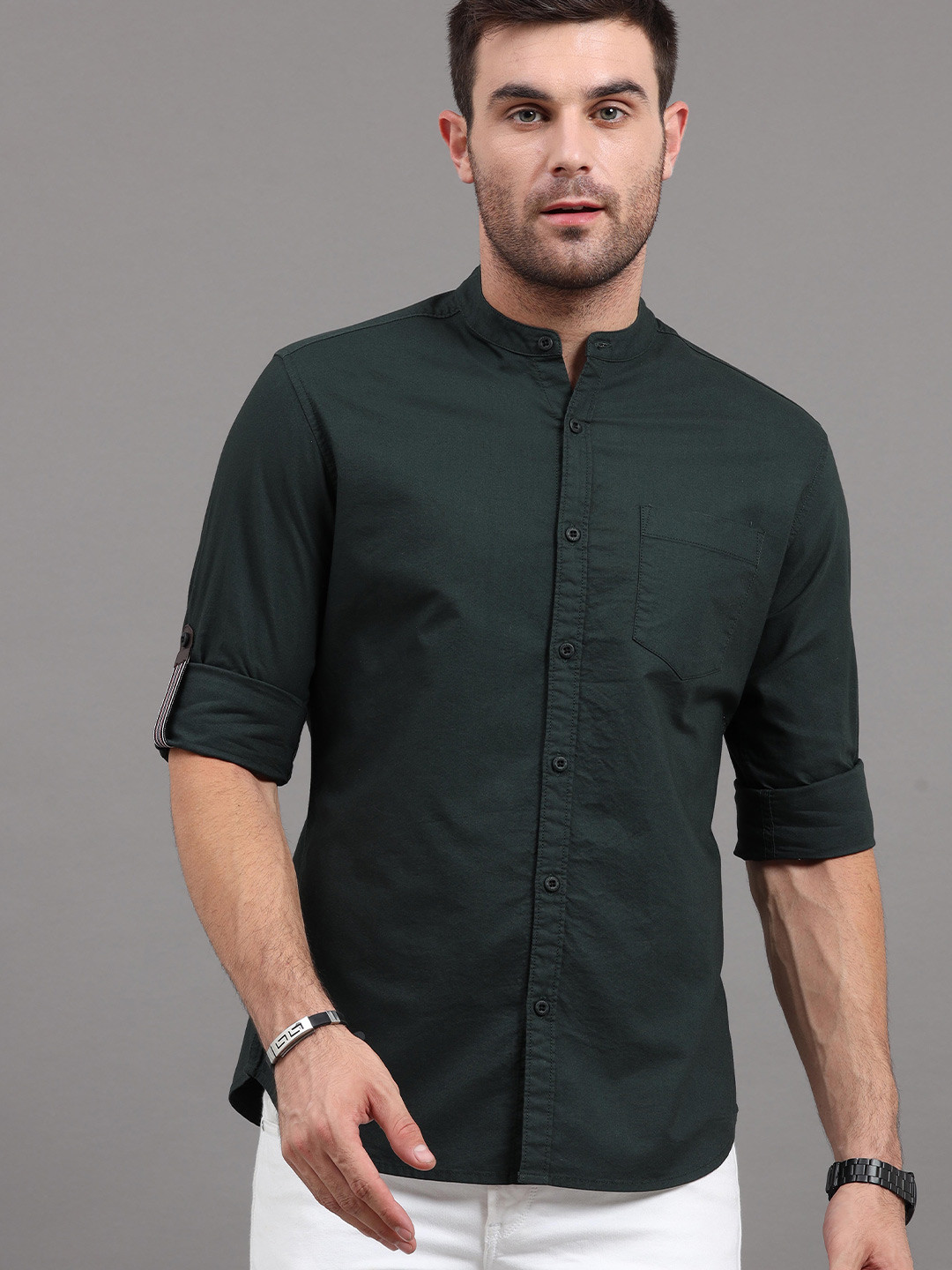 

HERE&NOW Men Dark Green Solid Slim Fit Casual Shirt