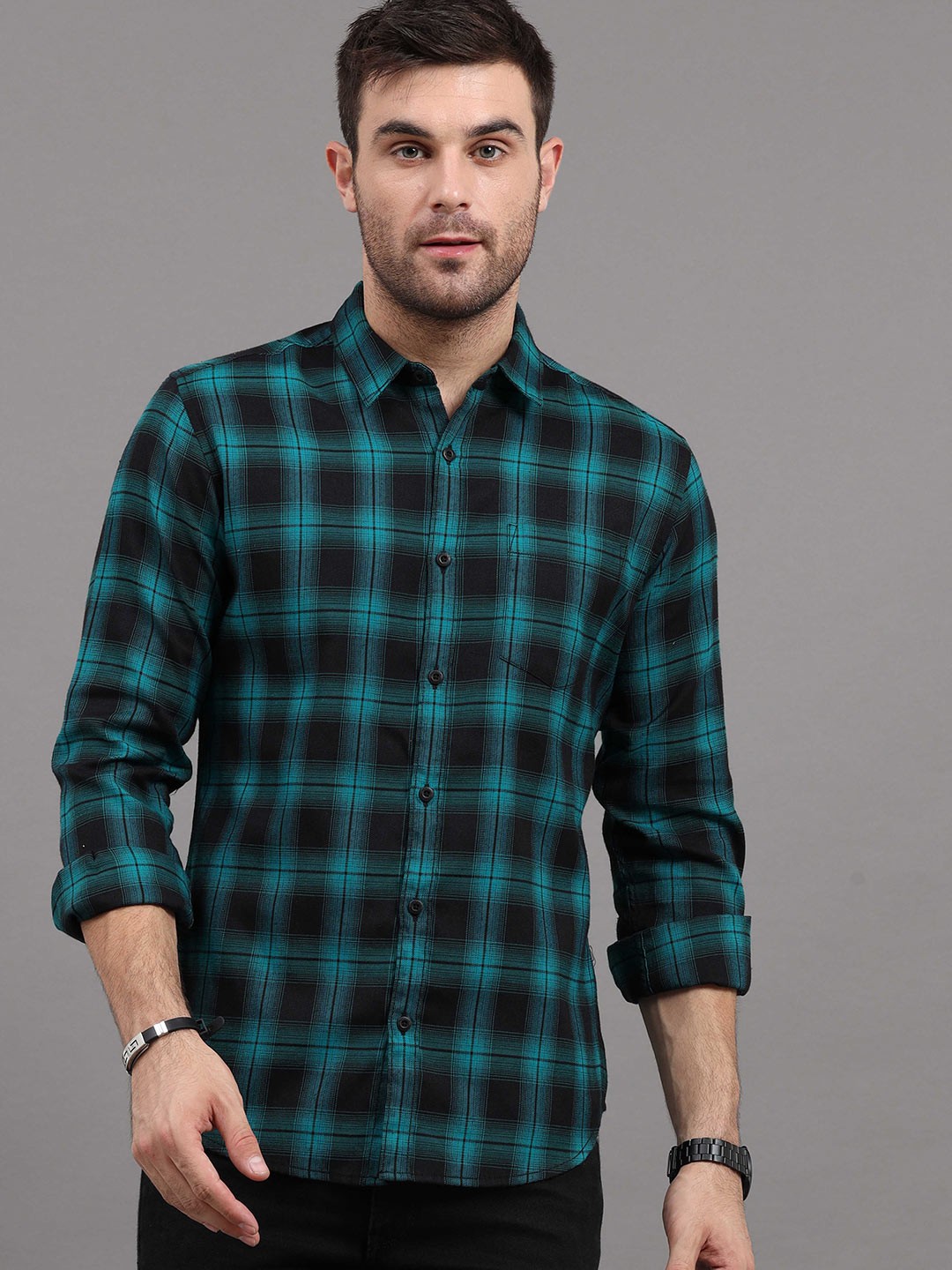 

HERE&NOW Men Green Slim Fit Tartan Checks Checked Casual Shirt