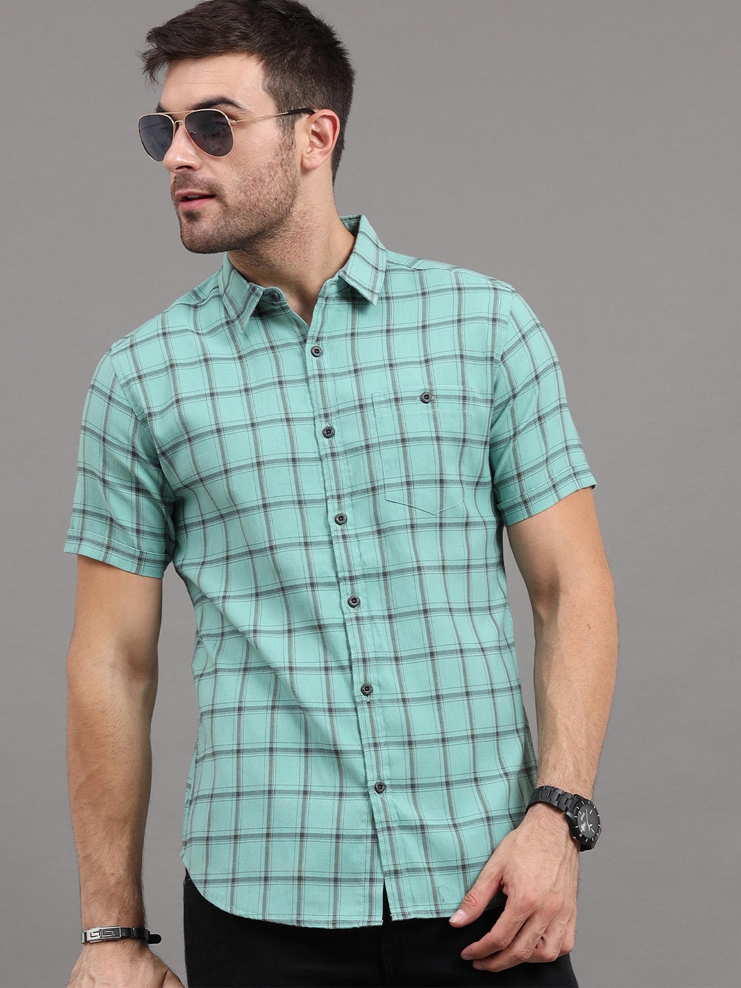 

HERE&NOW Men Green Slim Fit Windowpane Checks Checked Casual Shirt