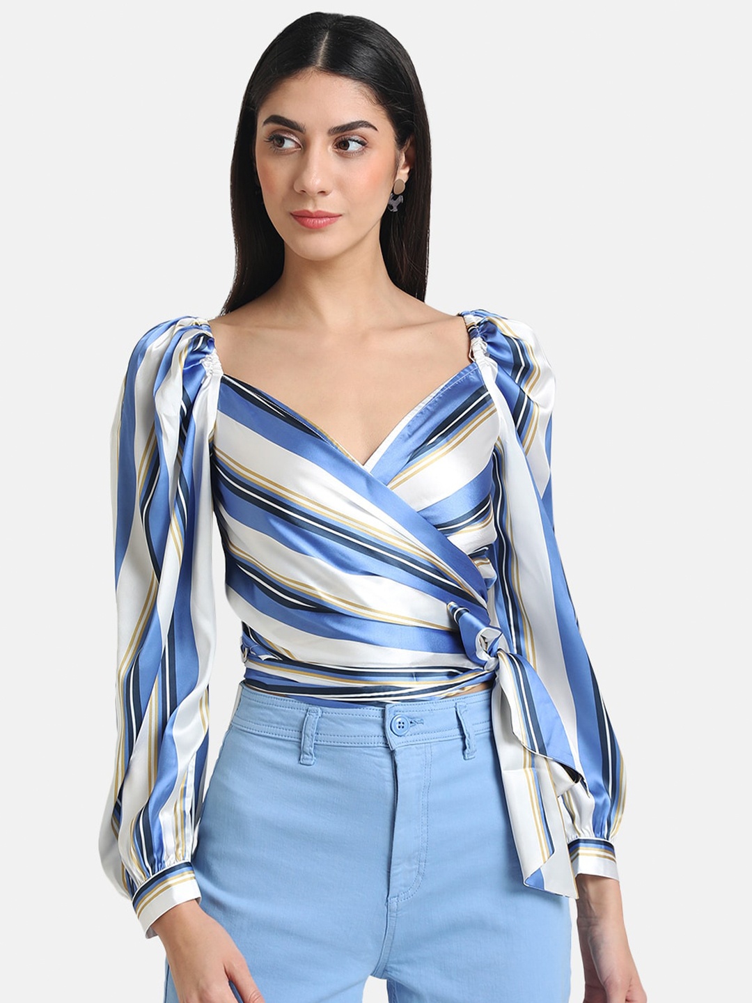 

Kazo White & Blue Striped Wrap Crop Top