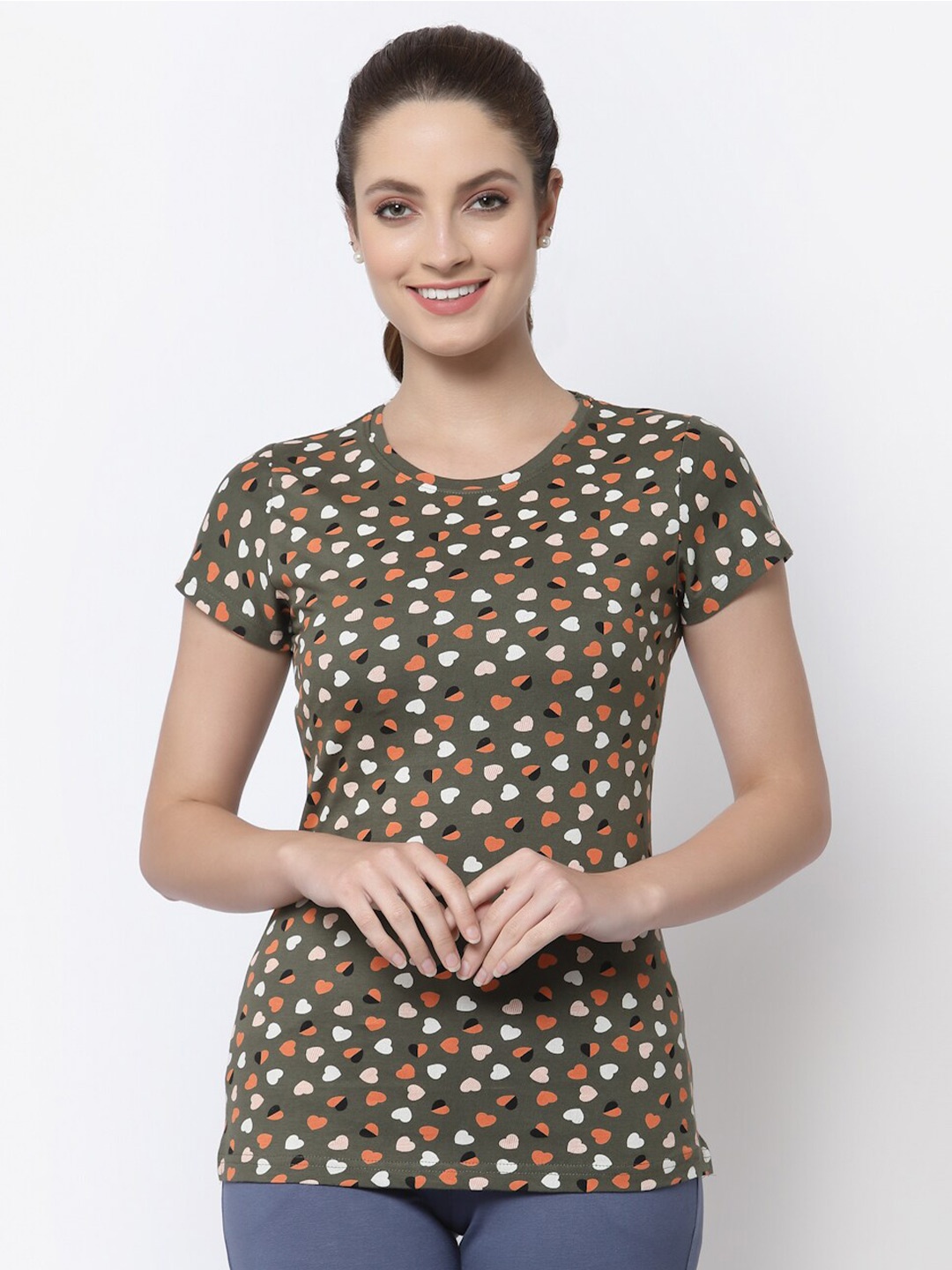 

Prag & Co Women Olive Green Printed Antimicrobial T-shirt
