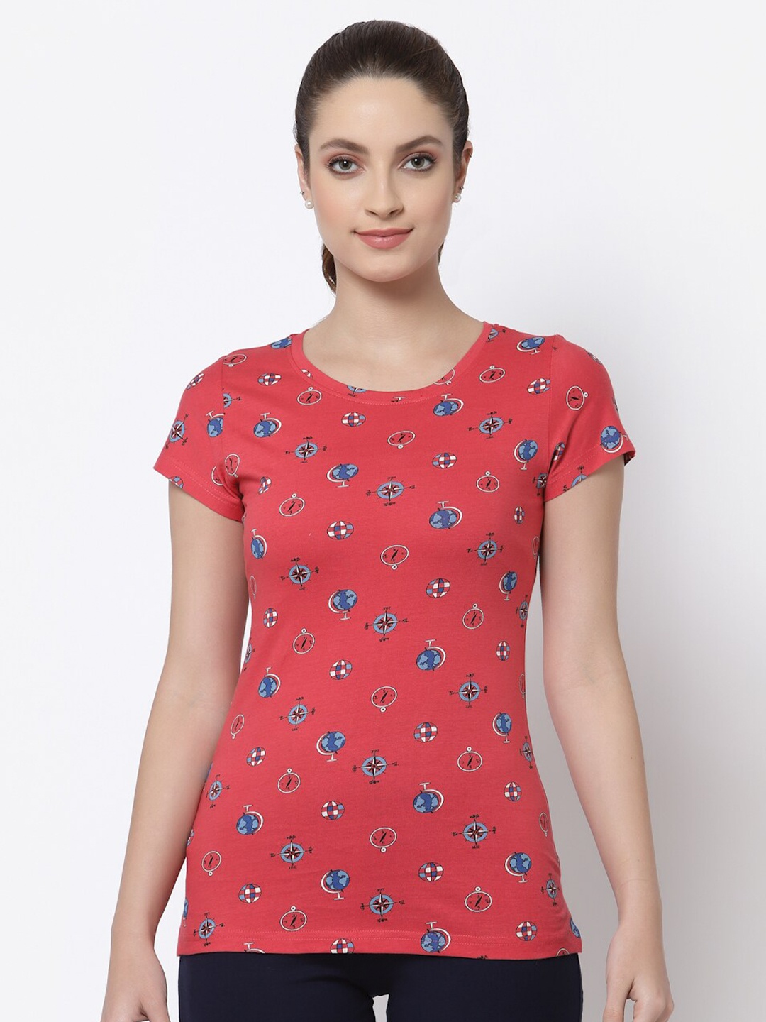 

Prag & Co Women Orange & Multicoloured Printed Extended Sleeves Antimicrobial T-shirt