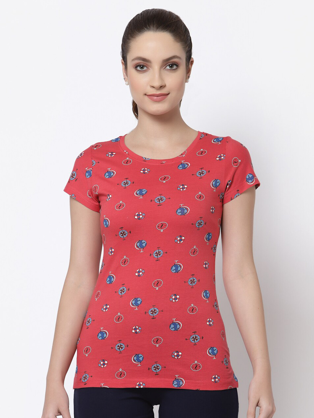

Prag & Co Women Red Printed Slim Fit Antimicrobial Cotton T-shirt