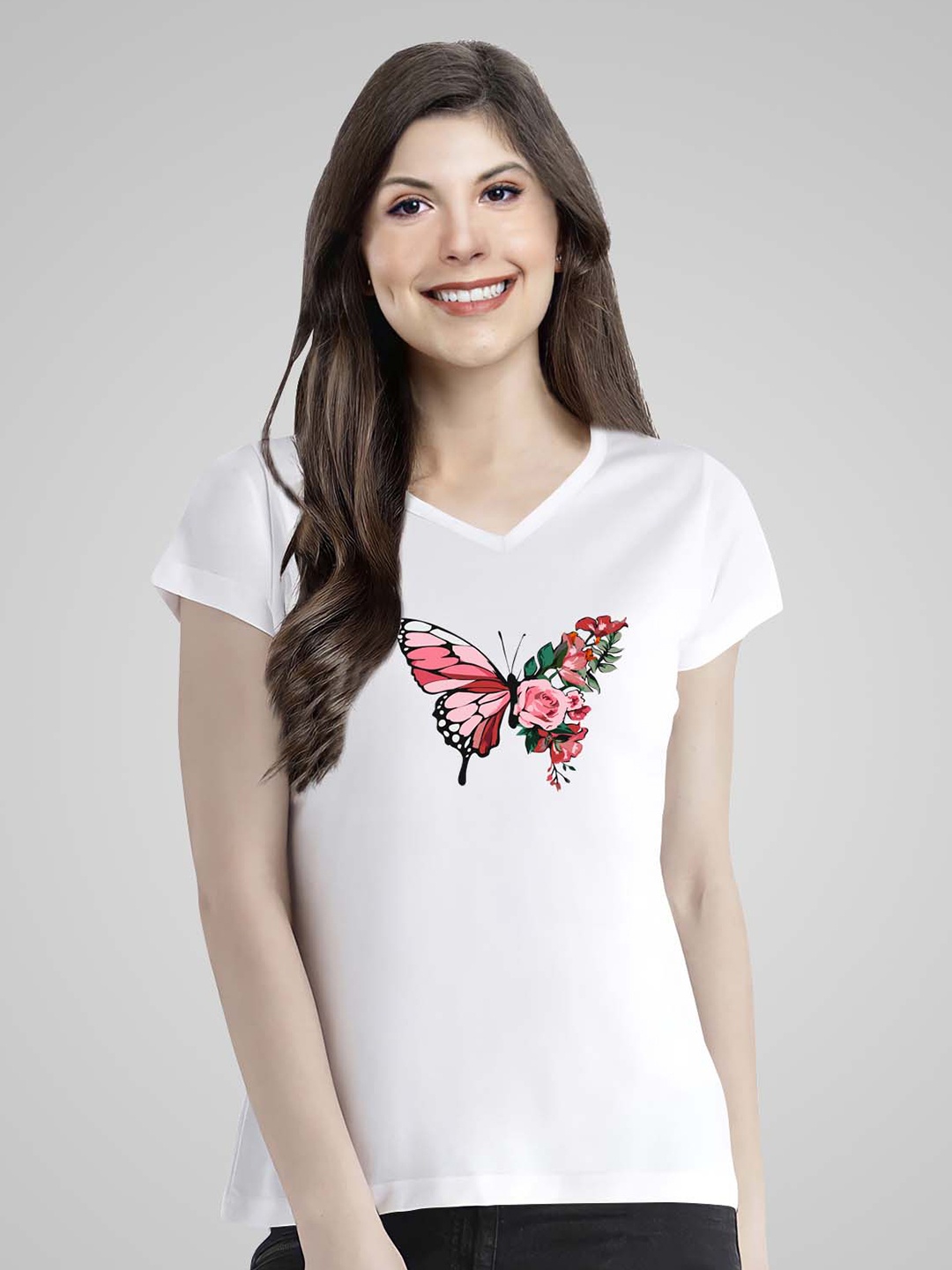

Pootlu Women White Printed V-Neck T-shirt 100% Cotton
