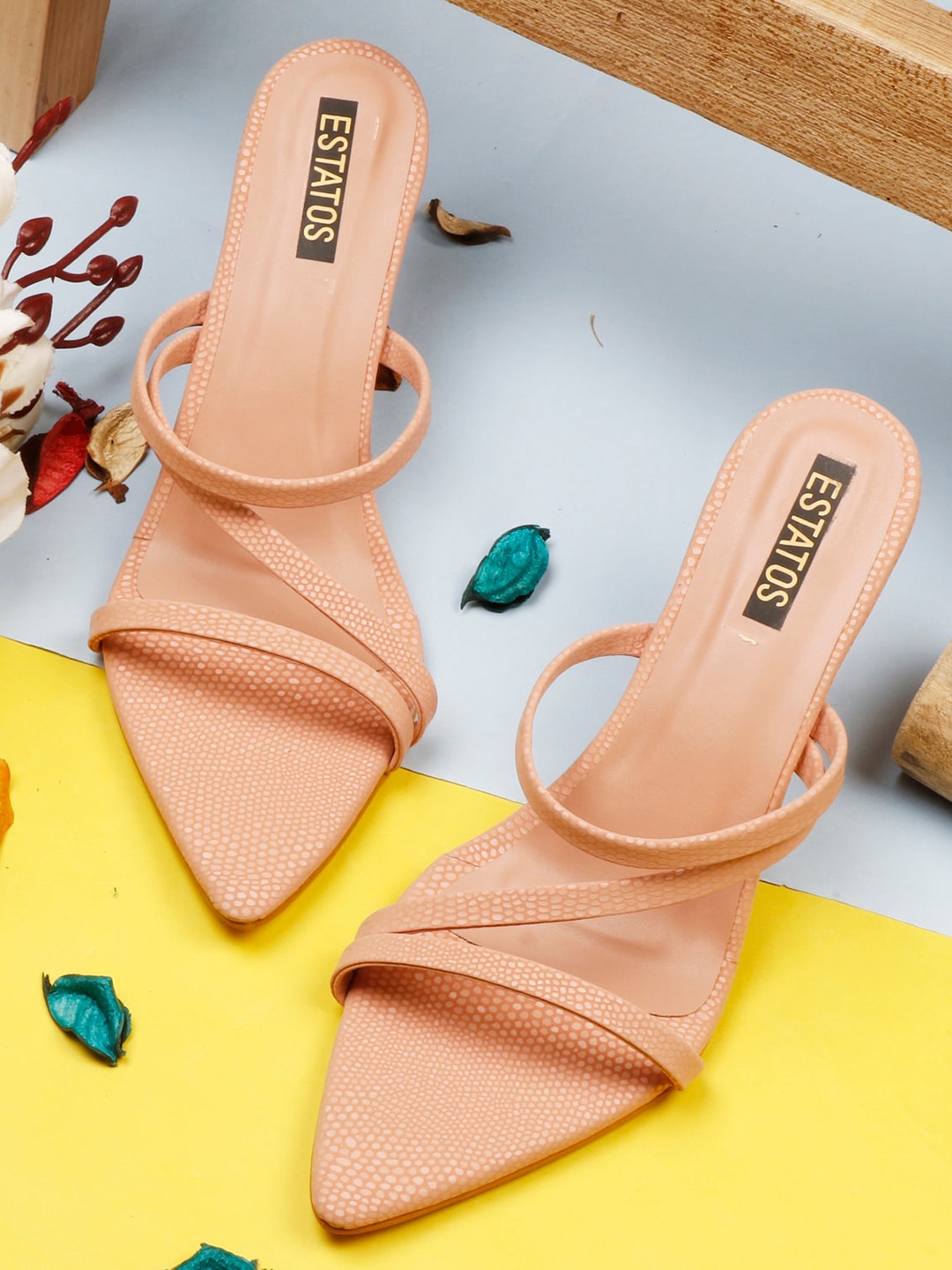

ESTATOS Peach-Coloured Textured PU Party Stiletto Heels