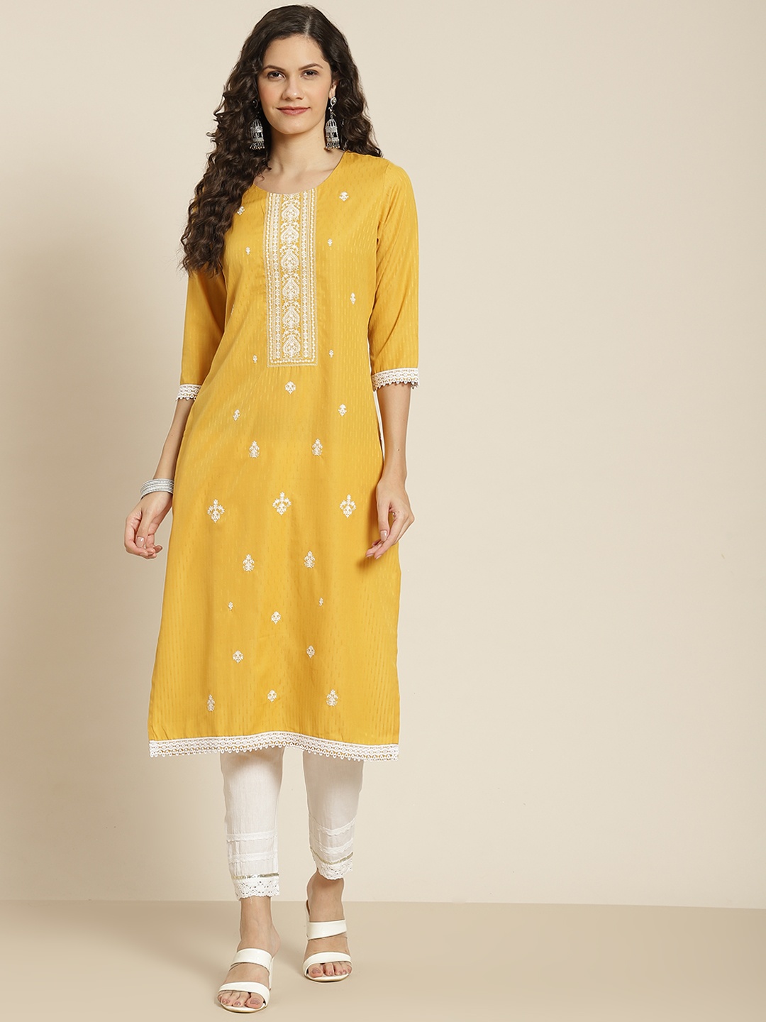 

Juniper Women Mustard Yellow & White Printed Kurta