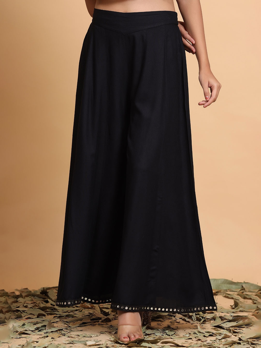 Juniper Women Black Solid Mirror Work Flared Ethnic Palazzos