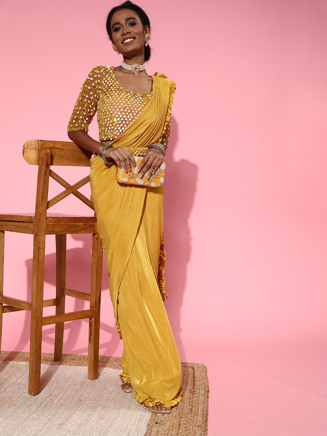 

Chhabra 555 Solid Saree with Embellished border, Mustard