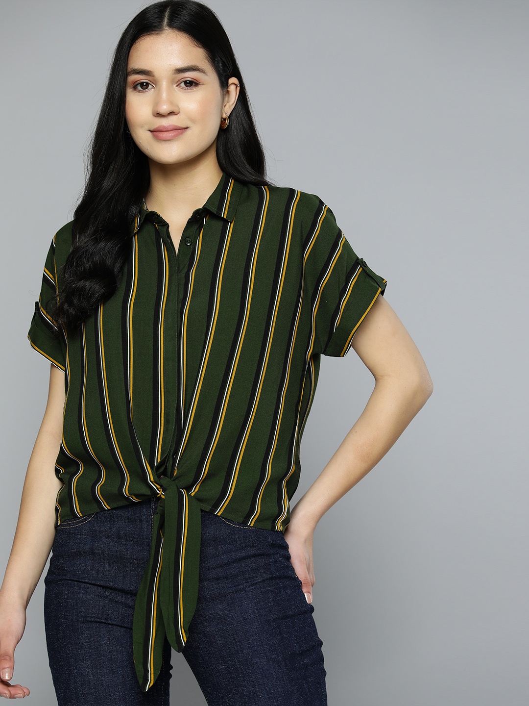 

Harvard Women Striped Waist Tie-Up Casual Shirt, Green