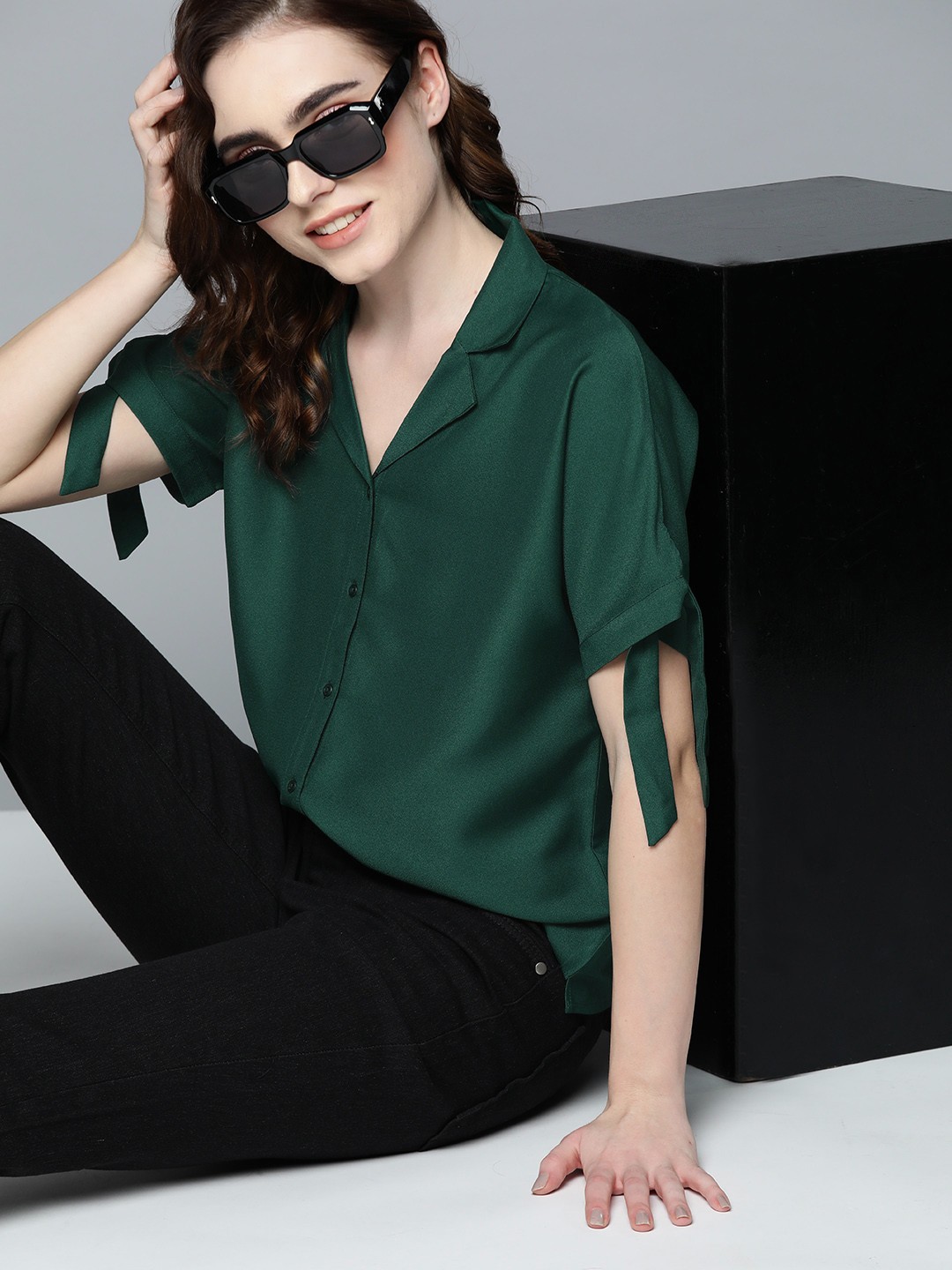 

Harvard Women Green Cuban Collar Casual Shirt