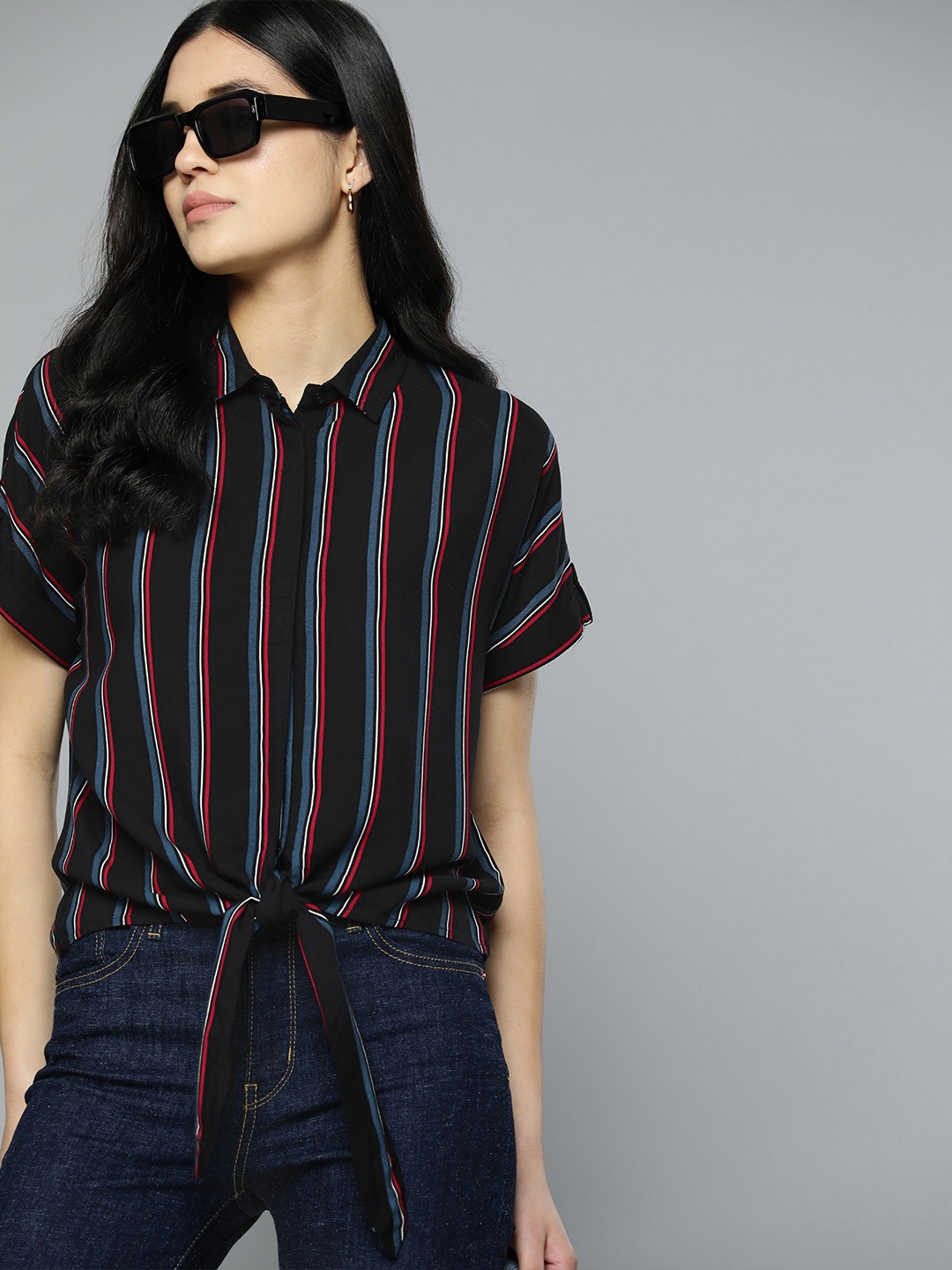 

Harvard Women Striped Waist Tie-Up Casual Shirt, Black