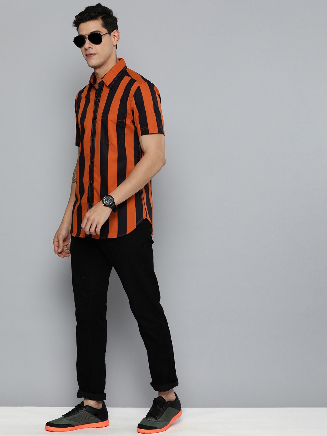 

Harvard Men Orange & Black Striped Casual Pure Cotton Shirt