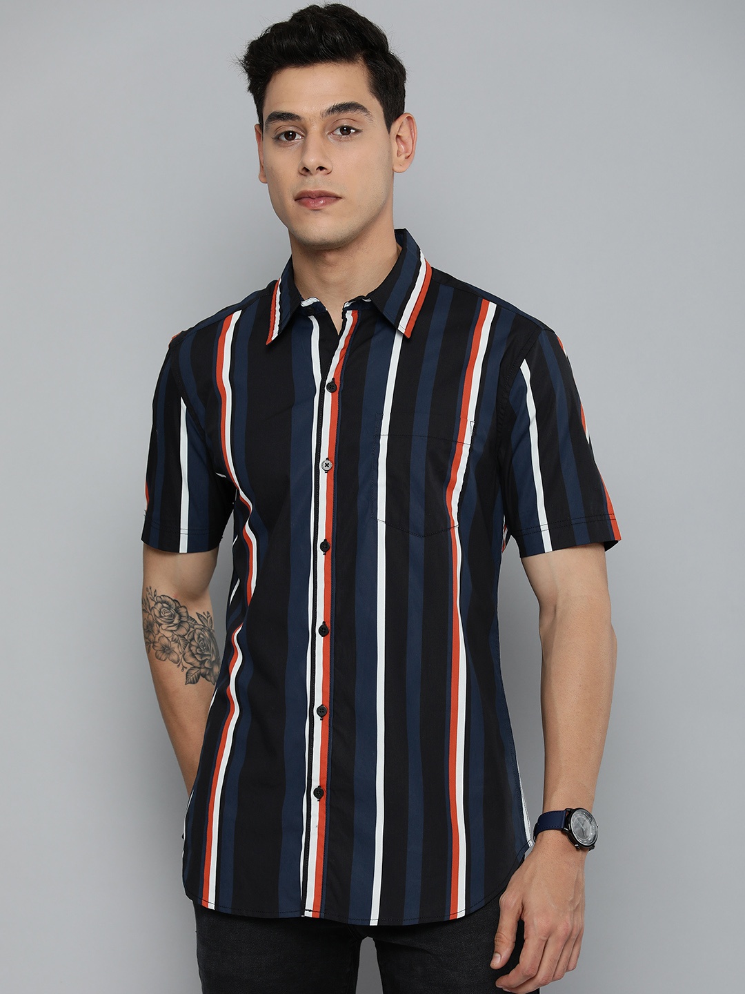

Harvard Men Navy Blue & White Striped Pure Cotton Casual Shirt