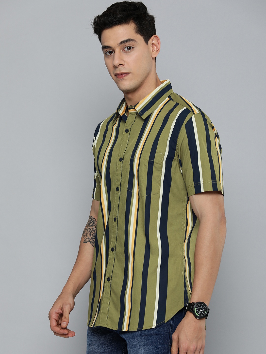

Harvard Men Olive Green & Navy Blue Striped Casual Pure Cotton Shirt