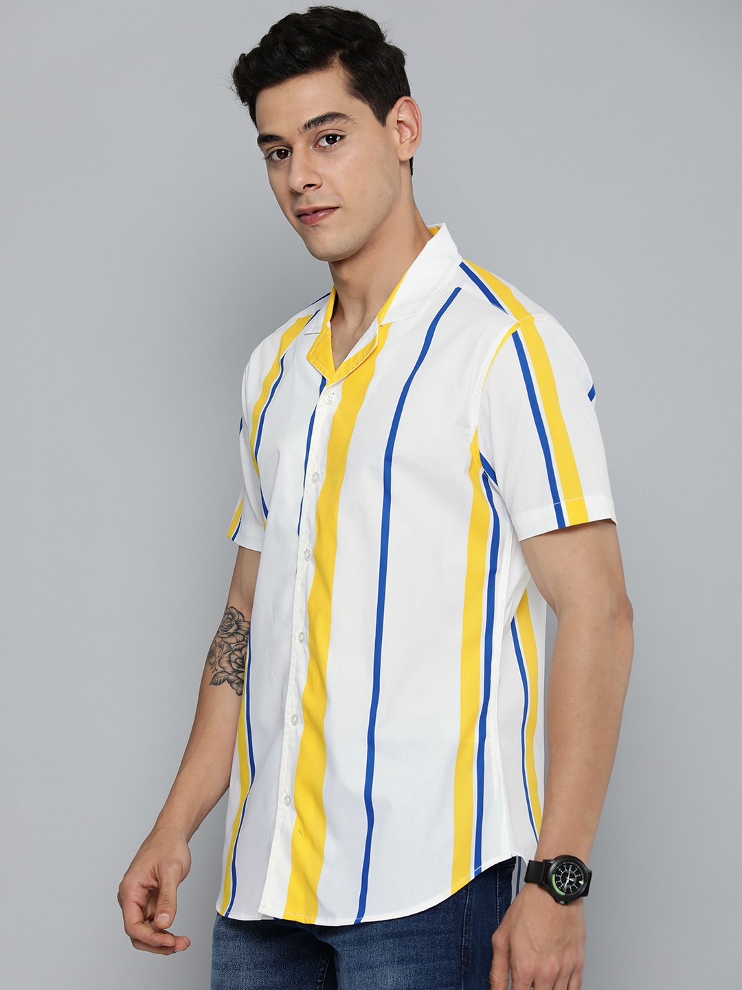 

Harvard Men White & Yellow Striped Casual Pure Cotton Shirt