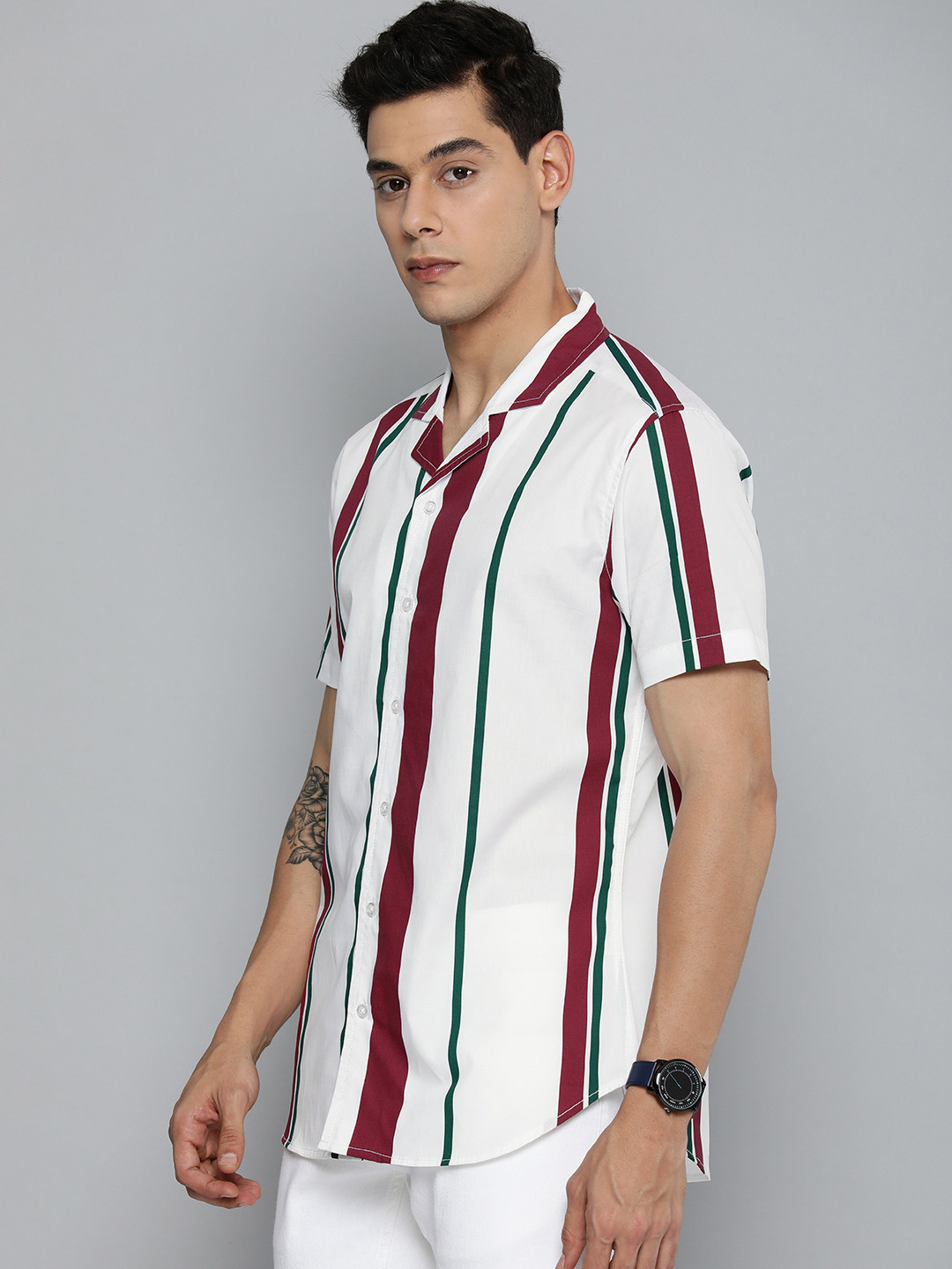 

Harvard Men White & Maroon Striped Casual Pure Cotton Shirt