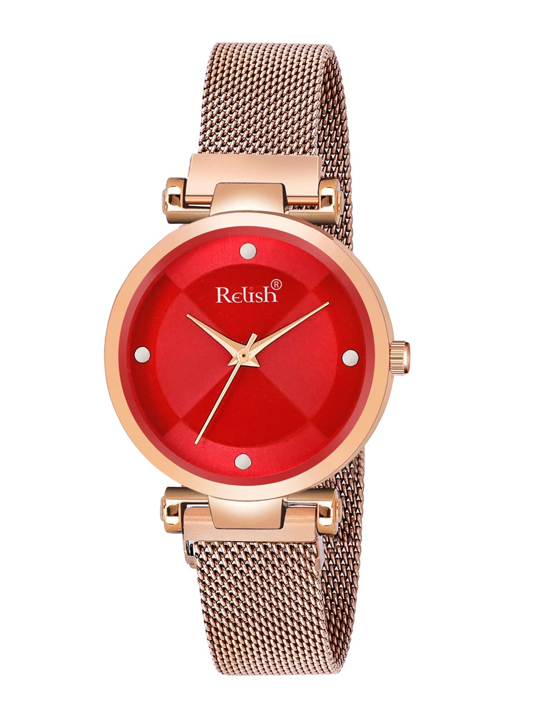 

Relish Women Red Embellished Dial & Rose Gold Toned Stainless Steel Bracelet Style Straps Analogue Watch