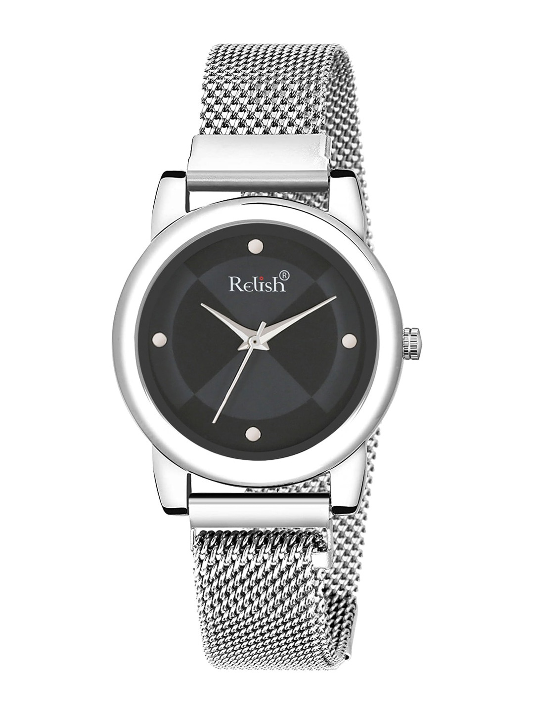 

Relish Women Black Embellished Dial & Silver Toned Stainless Steel Bracelet Style Straps Analogue Watch